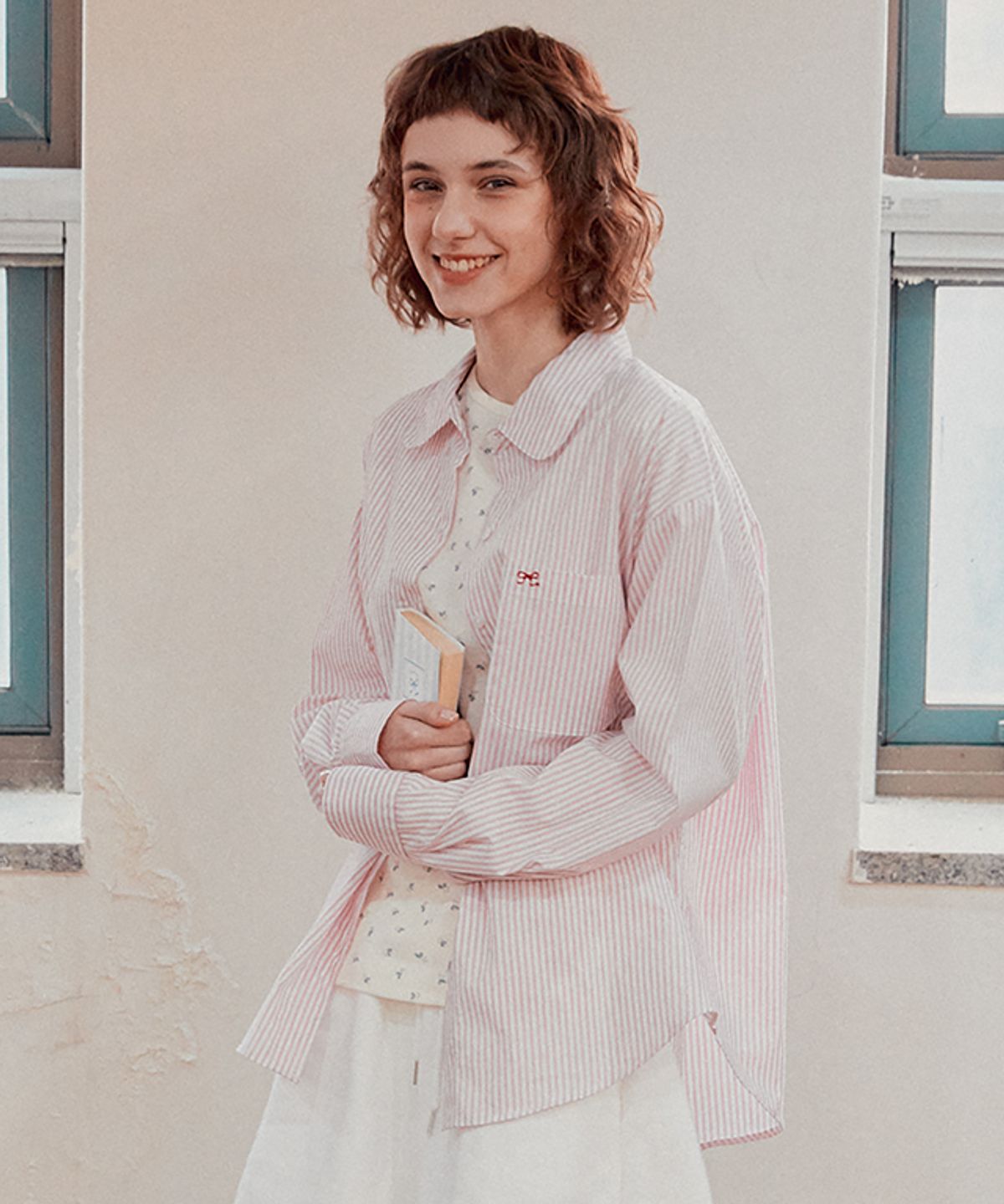 론론(RONRON) ROUND COLLAR POCKET SHIRT PINK STRIPE