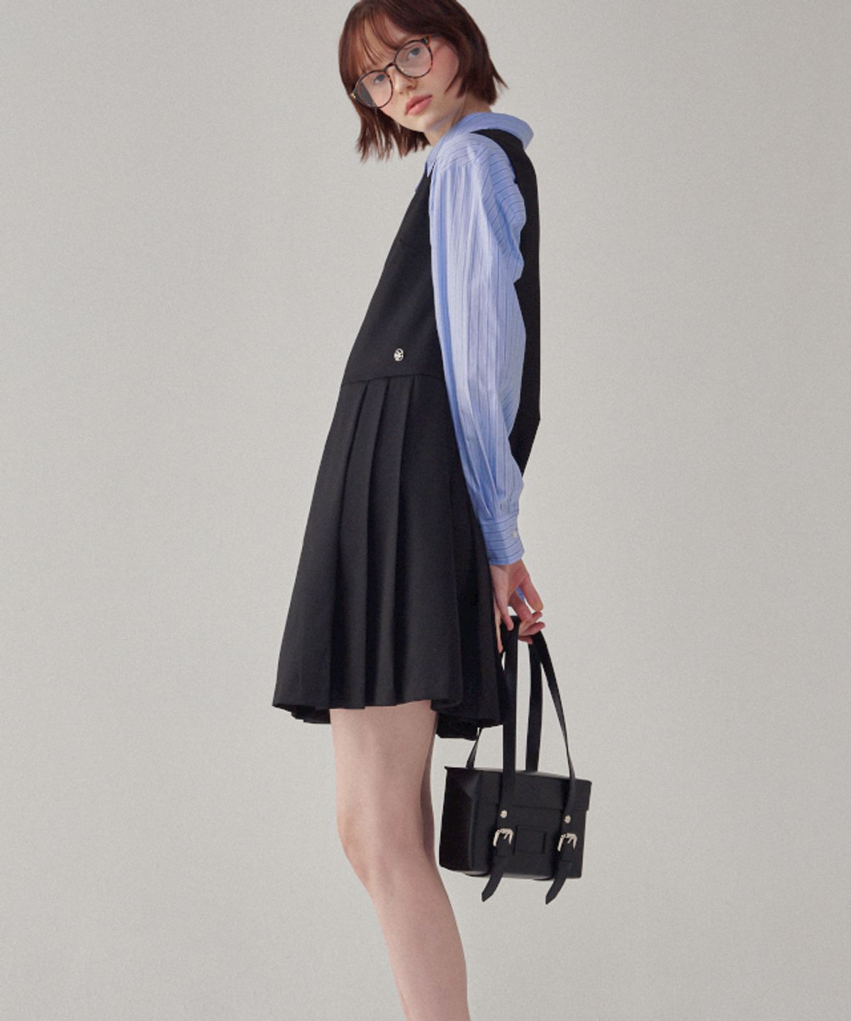 론론(RONRON) LOGO PLEATS LAYERED DRESS BLACK