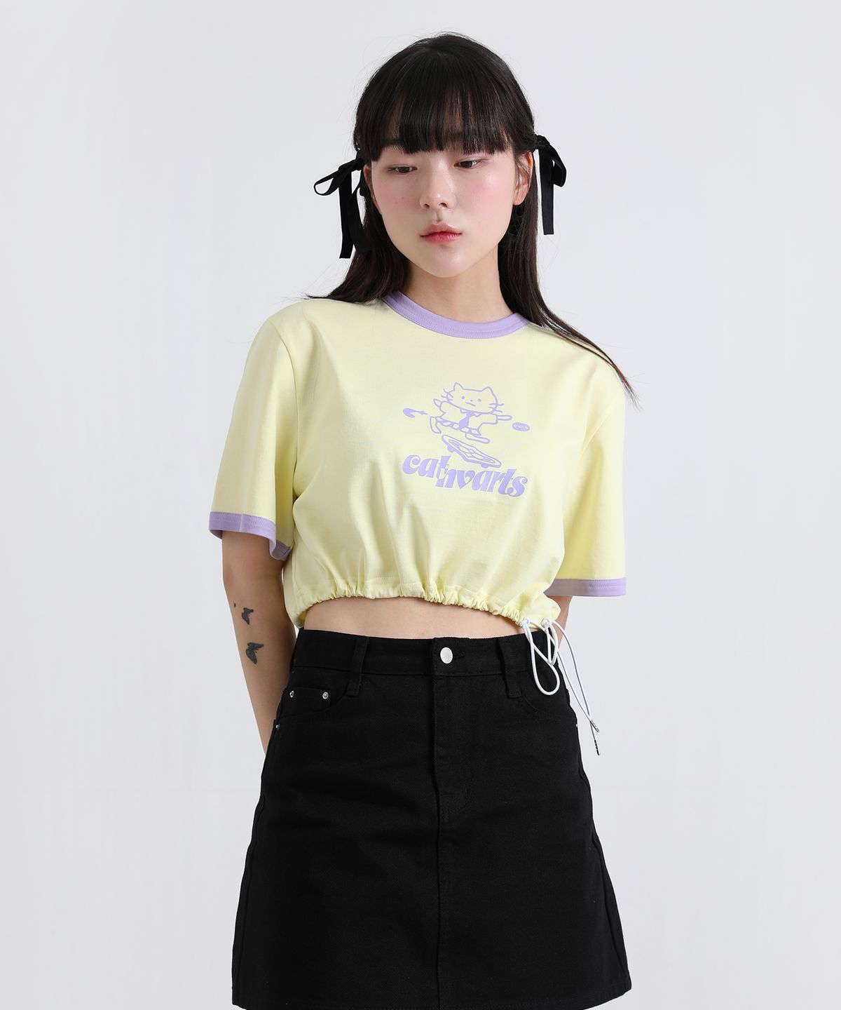 캔바츠(CANVARTS) 캣바츠 크롭 반팔 티셔츠 (레몬옐로우)