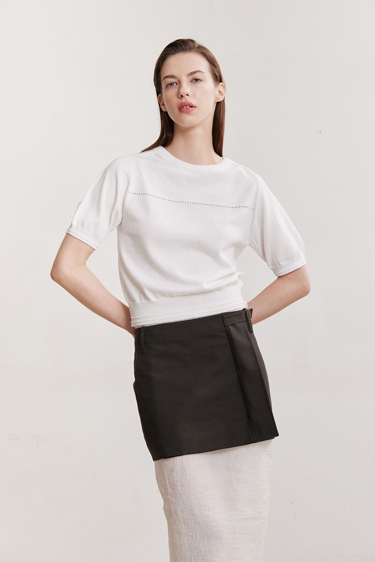 애프터아워즈(AFTERHOURS) 2IN1 SEE-THROUGH WRAP SKIRT (BROWN+IVORY)