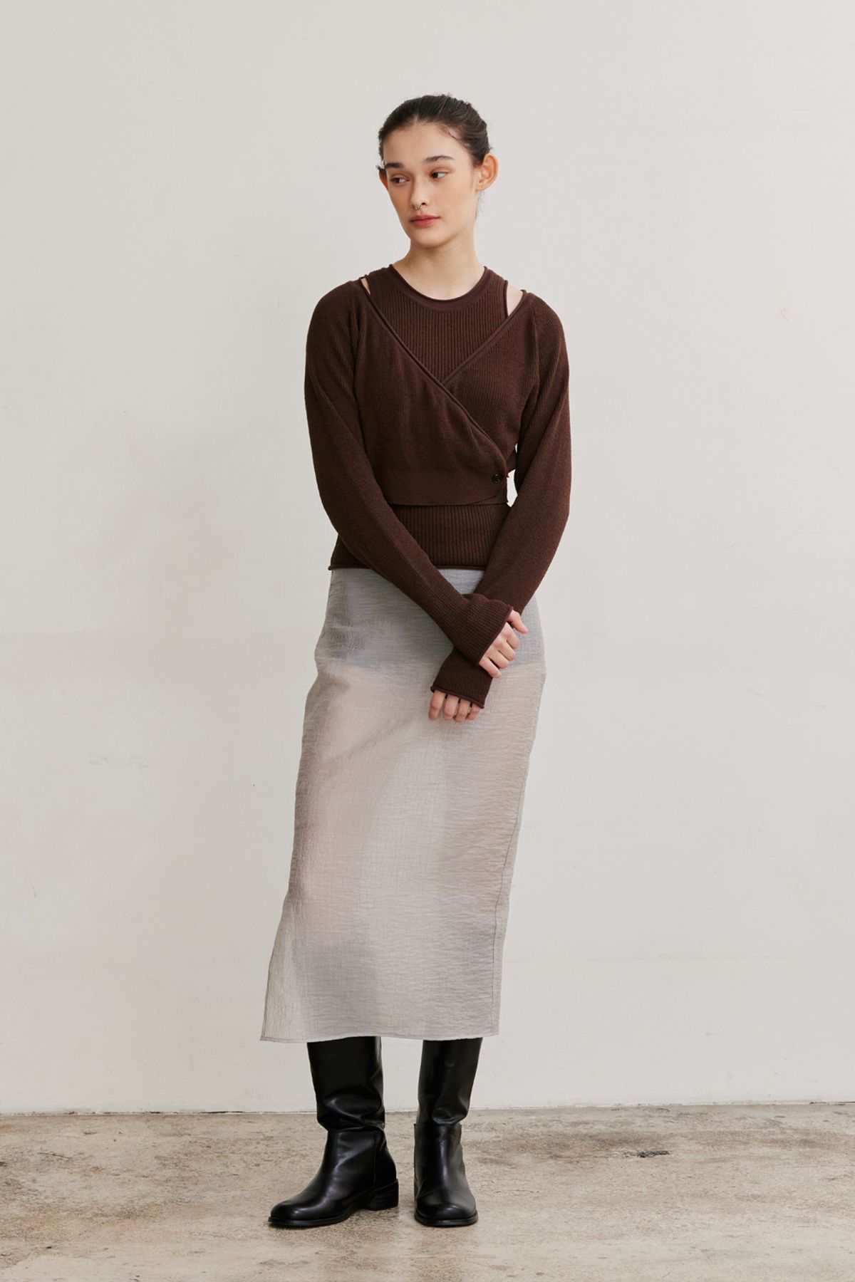 애프터아워즈(AFTERHOURS) 2IN1 SEE-THROUGH WRAP SKIRT (CHARCOAL+GREY)