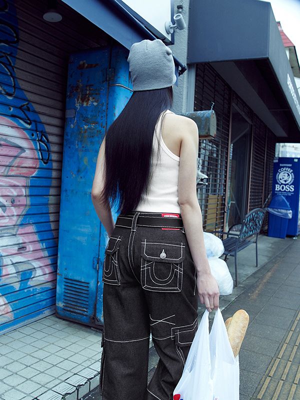 ★21-22AW★KIRSH★SIDE TRIMMING CARGO DENIM PANTS KA Denim Pocket Straight Leg Cargo Jeans For School Daily Casual