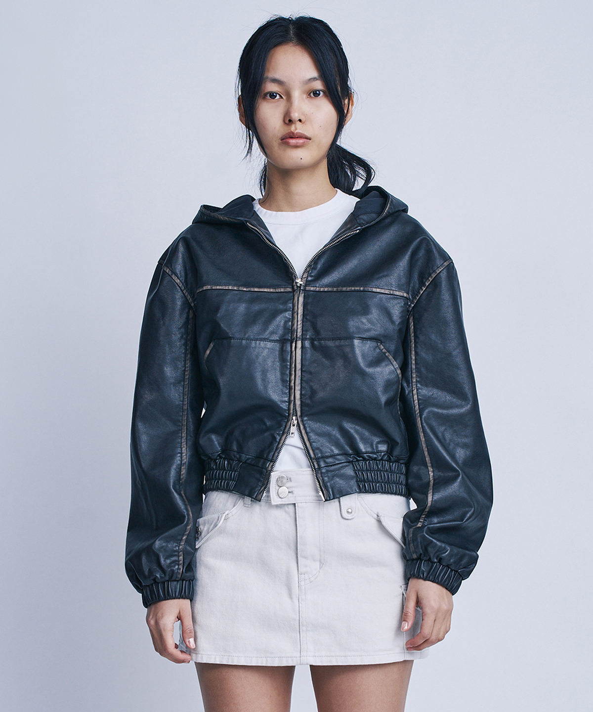 에프디알(FDR) Washed Faux Leather Hood Zip-Up_Washed Black
