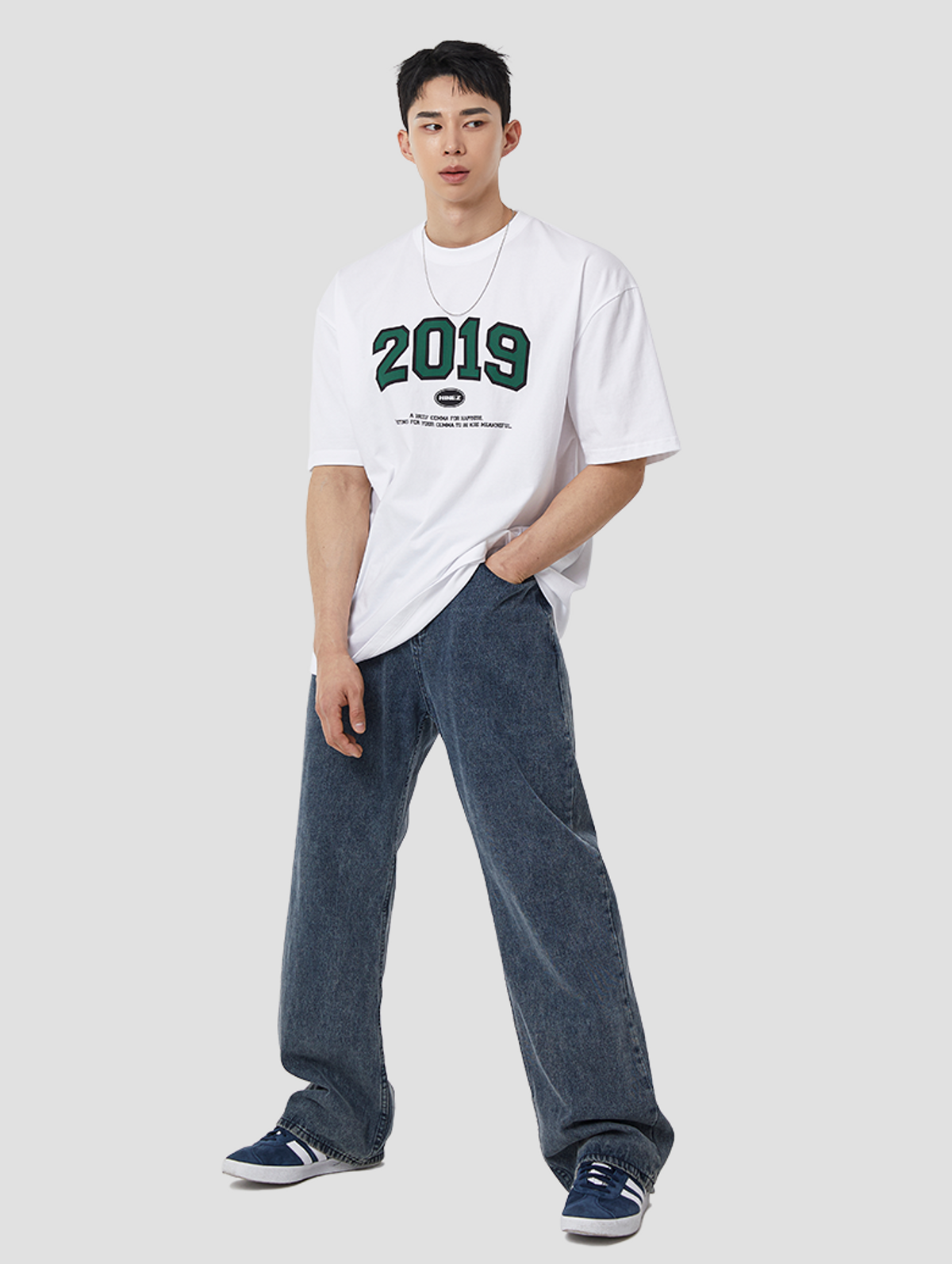 나인제트(NINEZ) 2019 오버핏 반팔 티셔츠 (화이트) 24TS06