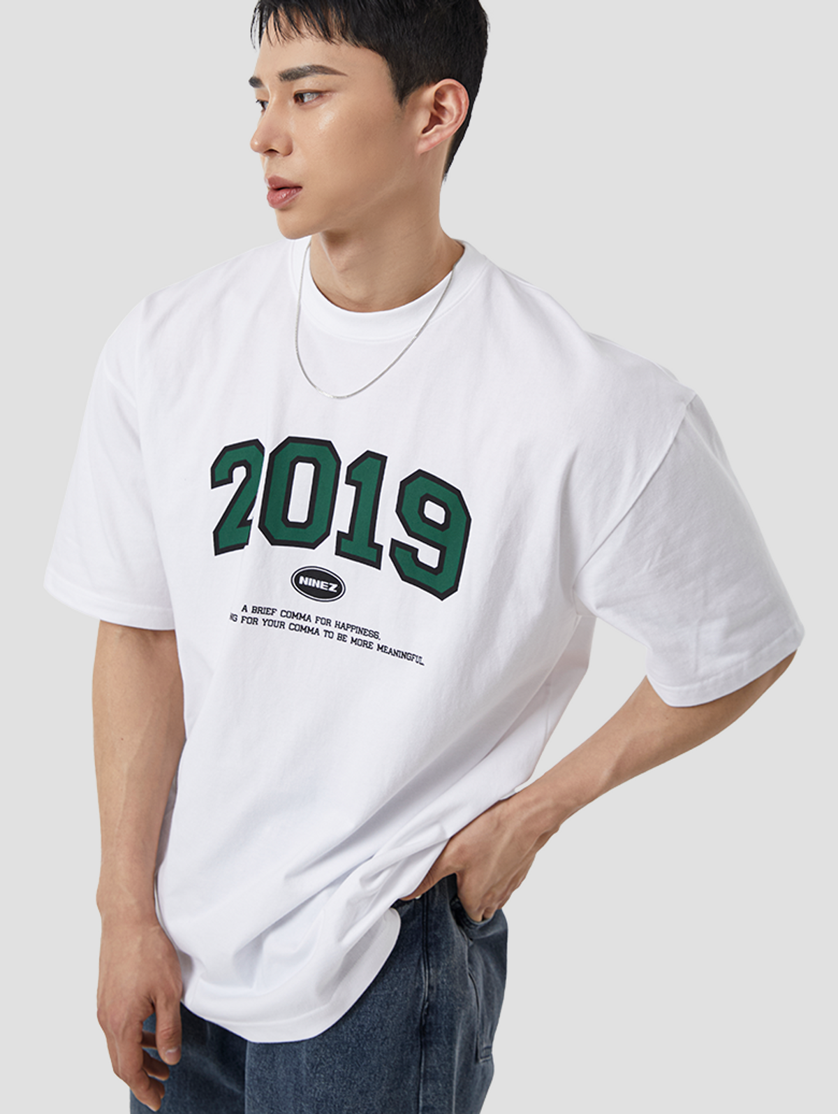 나인제트(NINEZ) 2019 오버핏 반팔 티셔츠 (화이트) 24TS06