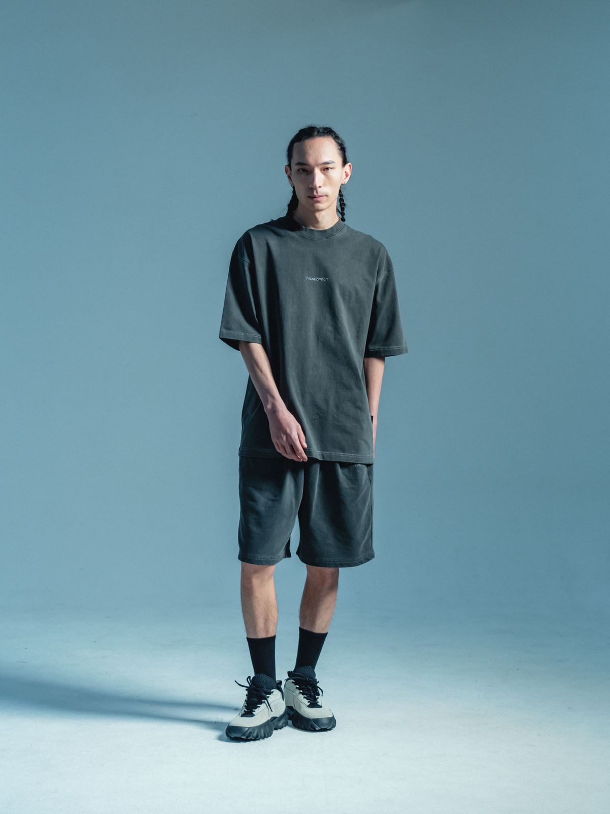 피에스쇼퍼(PSSHOPPER) [2 Pack] 오리지널 피그먼트 반팔 반바지 세트 [다크그레이]