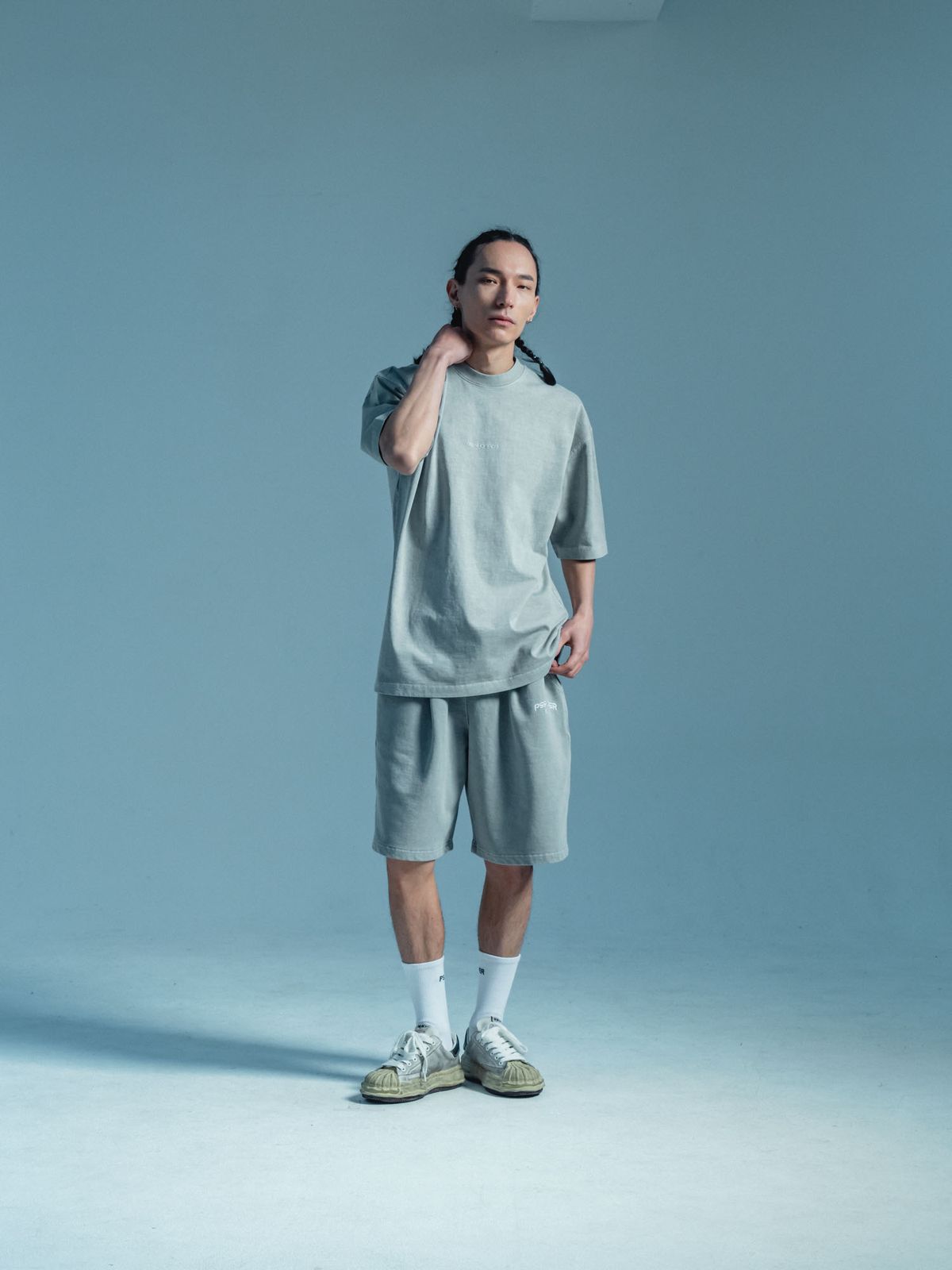 피에스쇼퍼(PSSHOPPER) [2 Pack] 오리지널 피그먼트 반팔 반바지 세트 [라이트그레이]