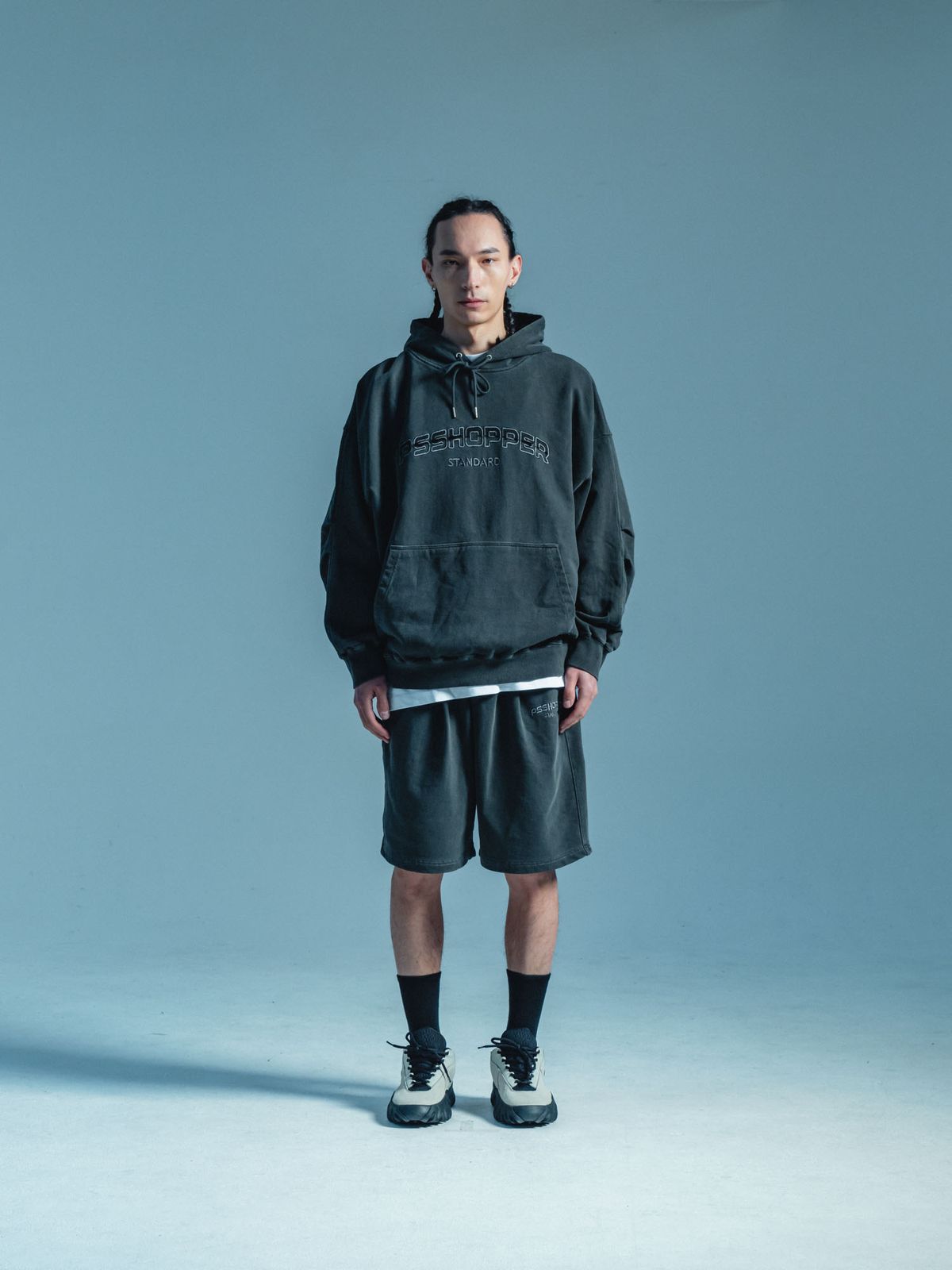 피에스쇼퍼(PSSHOPPER) [2 Pack] 오리지널 피그먼트 긴팔 반바지 세트 [다크그레이]