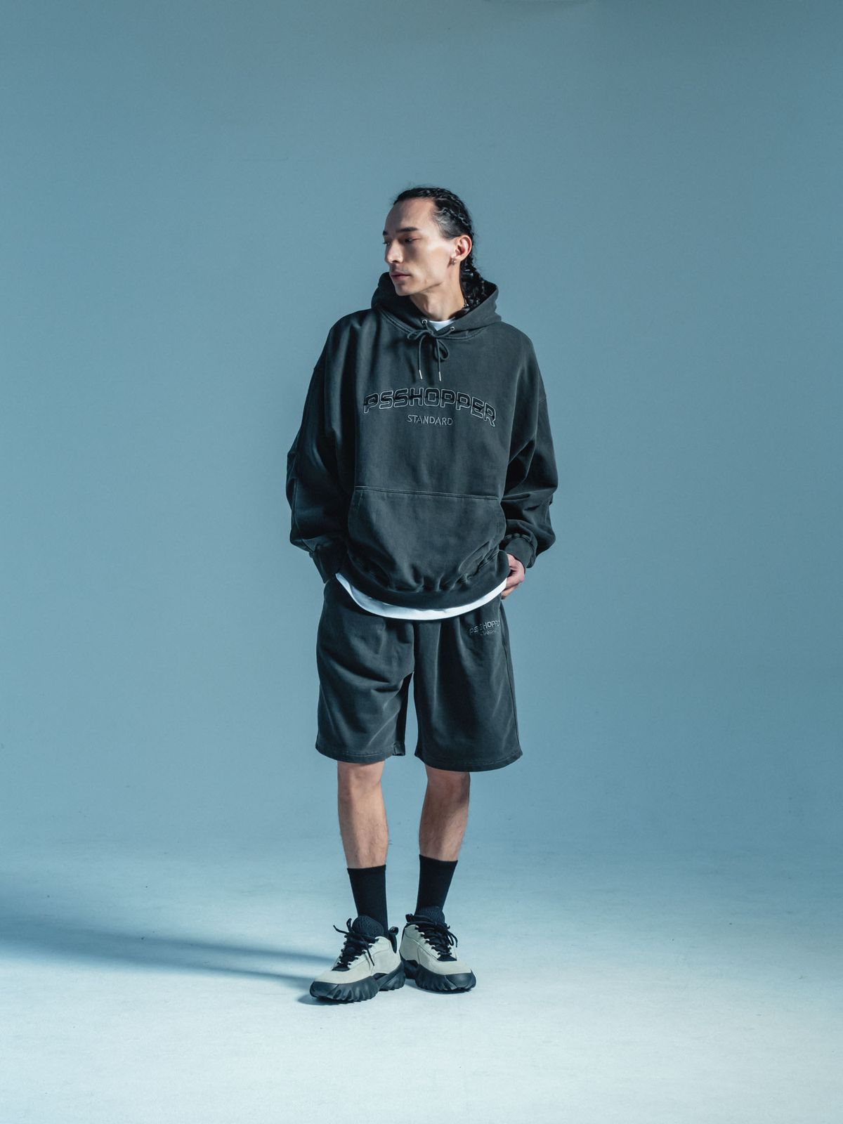 피에스쇼퍼(PSSHOPPER) [2 Pack] 오리지널 피그먼트 긴팔 반바지 세트 [다크그레이]