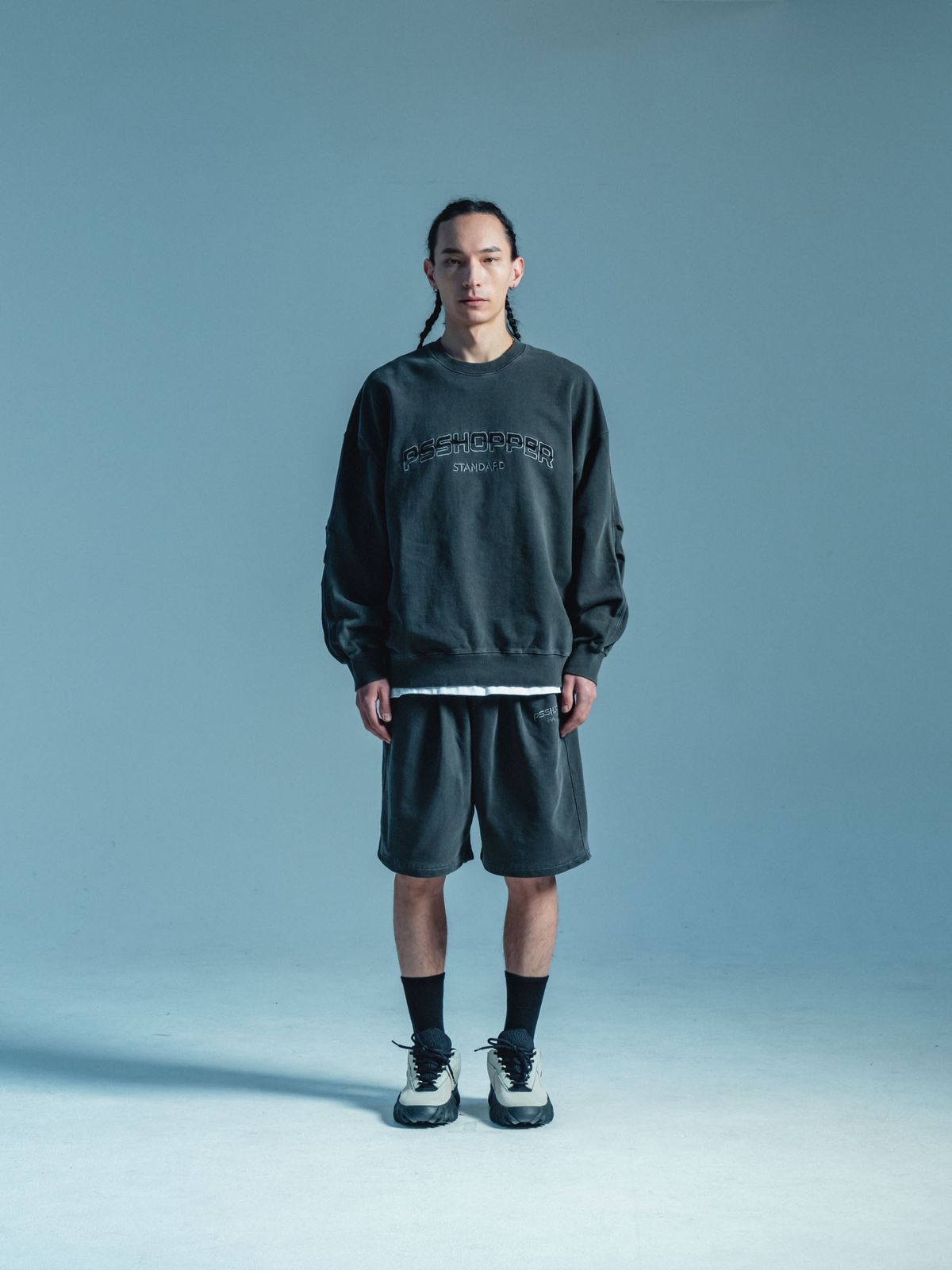 피에스쇼퍼(PSSHOPPER) [2 Pack] 오리지널 피그먼트 긴팔 반바지 세트 [다크그레이]