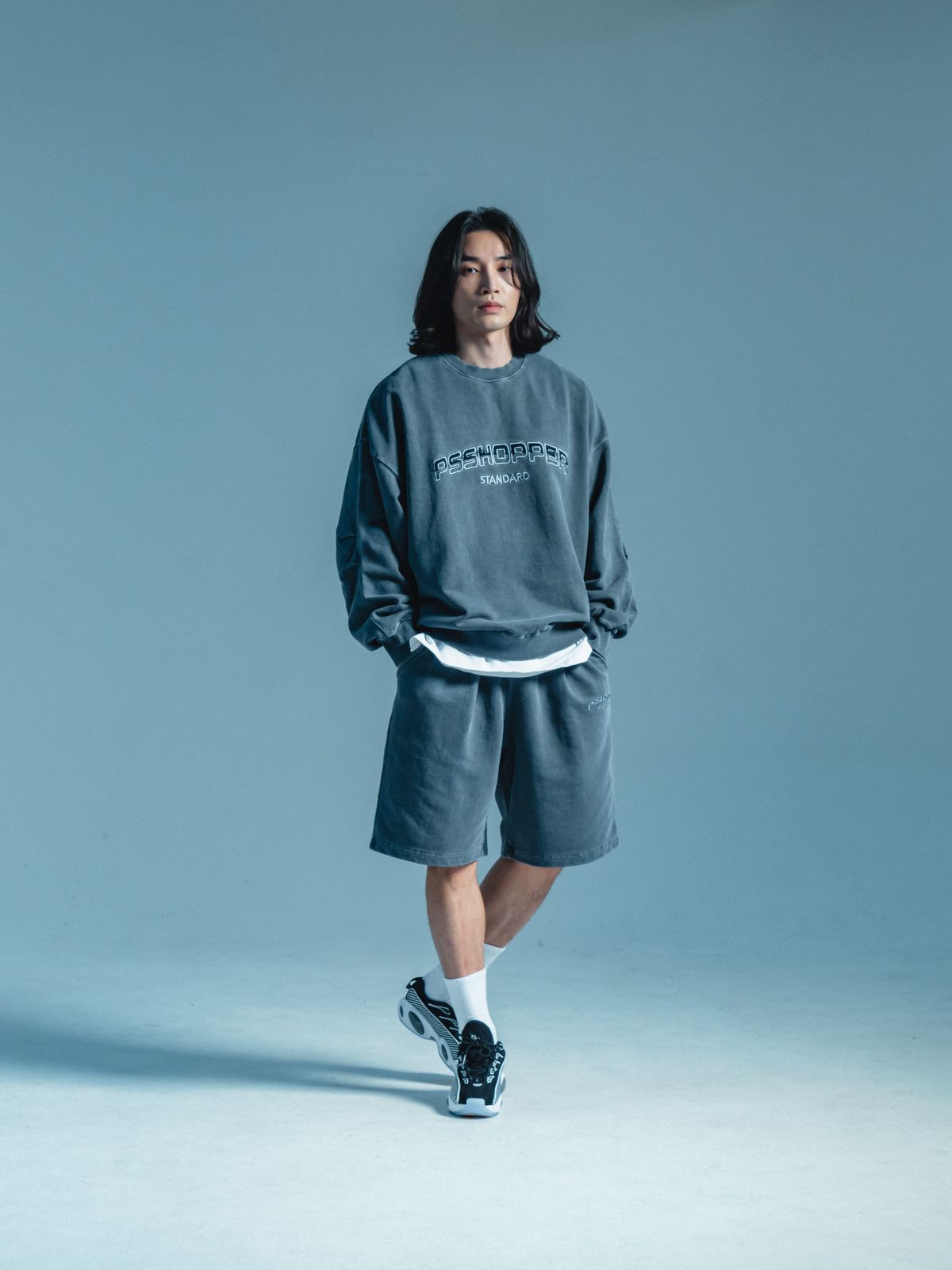 피에스쇼퍼(PSSHOPPER) [2 Pack] 오리지널 피그먼트 긴팔 반바지 세트 [다크네이비]