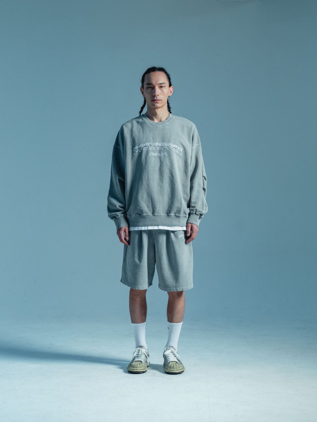 피에스쇼퍼(PSSHOPPER) [2 Pack] 오리지널 피그먼트 긴팔 반바지 세트 [라이트그레이]