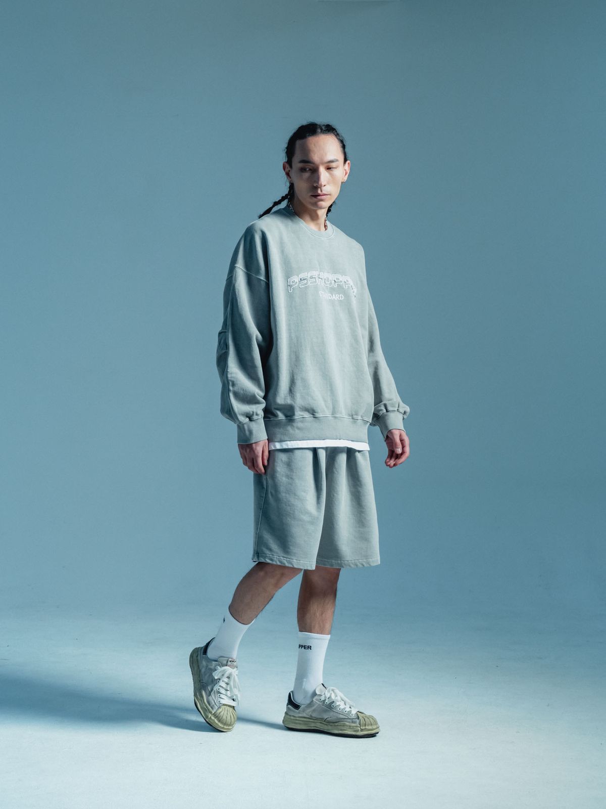 피에스쇼퍼(PSSHOPPER) [2 Pack] 오리지널 피그먼트 긴팔 반바지 세트 [라이트그레이]