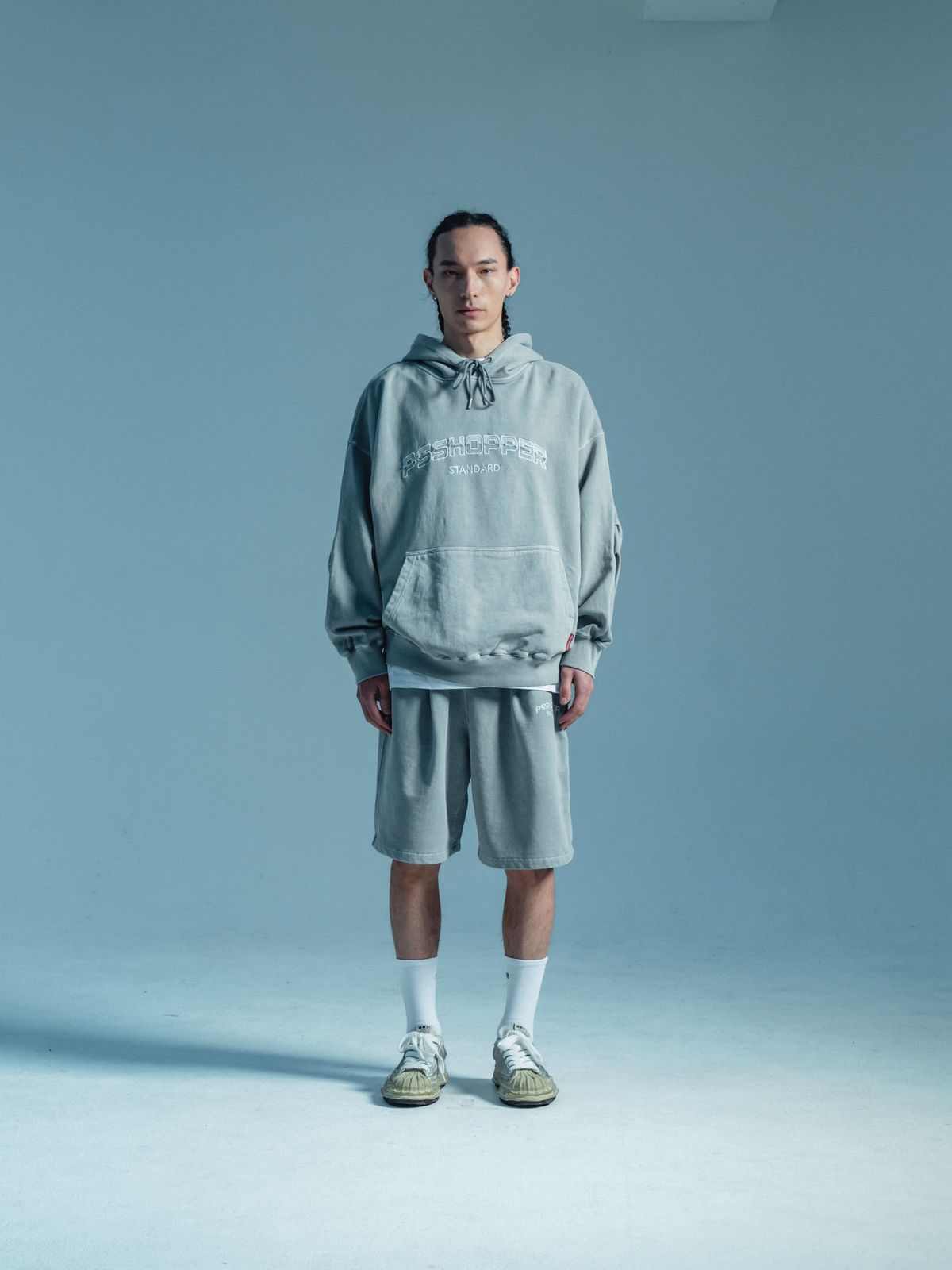피에스쇼퍼(PSSHOPPER) [2 Pack] 오리지널 피그먼트 긴팔 반바지 세트 [라이트그레이]
