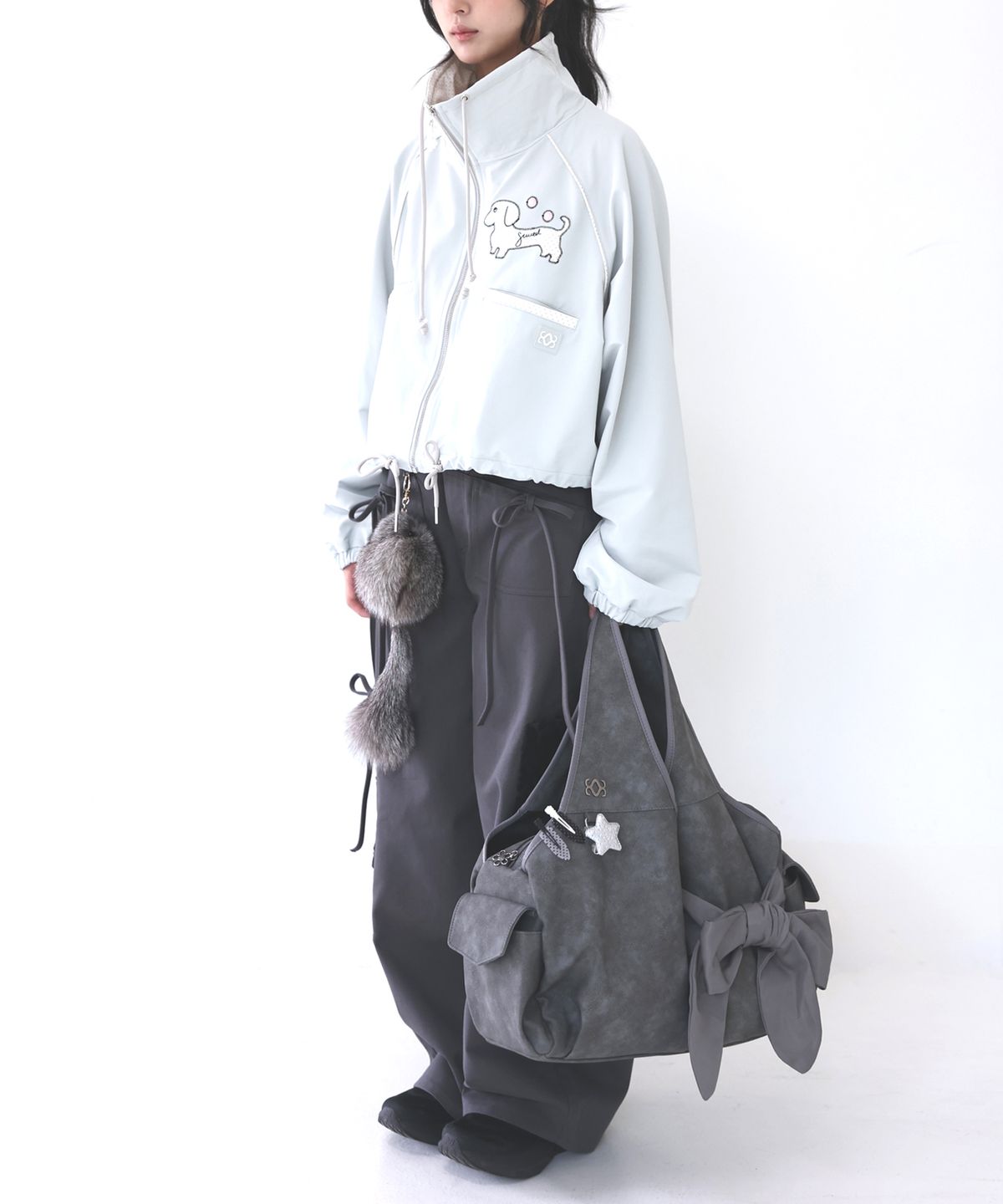 시월107(SIWL107) Bow Shoulder Bag (Nubuck Grey)