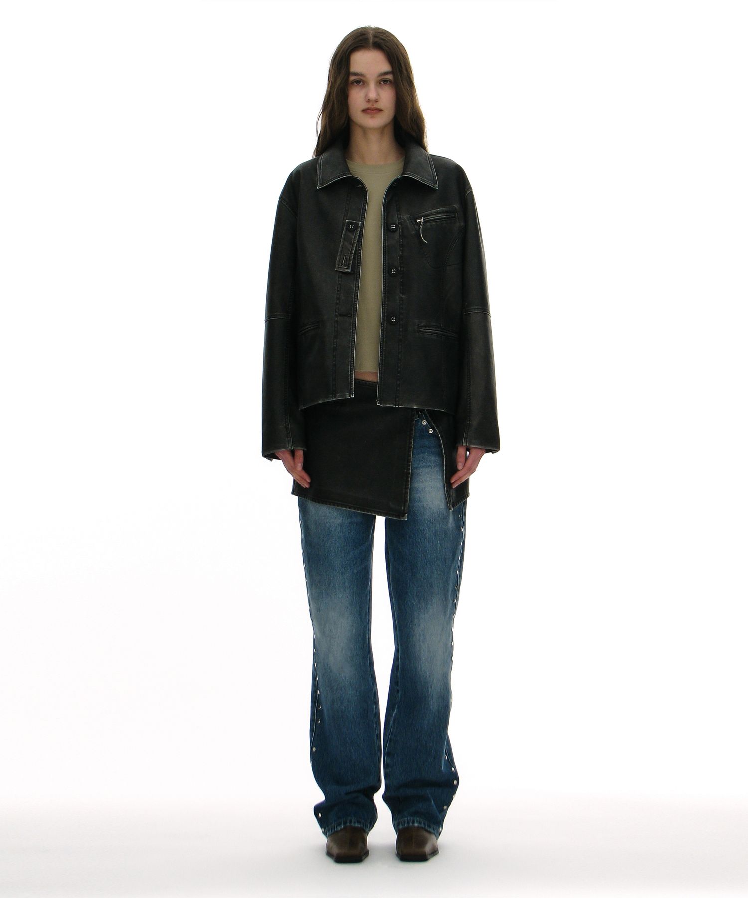 PARTIMENTO WOMEN MUSINSA 韓国　ジャケット MUSINSA | PARTIMENTO WOMEN Washed Leather Button-Up Car Coat_Black