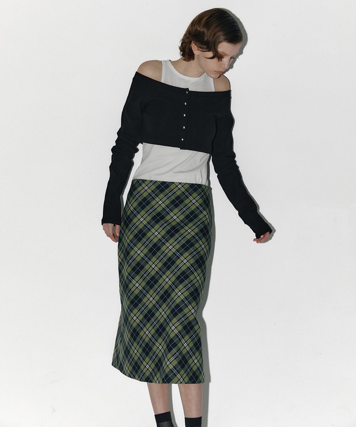 엔써이즈예스(ANSWER IS YES) Check midi flare skirt Green
