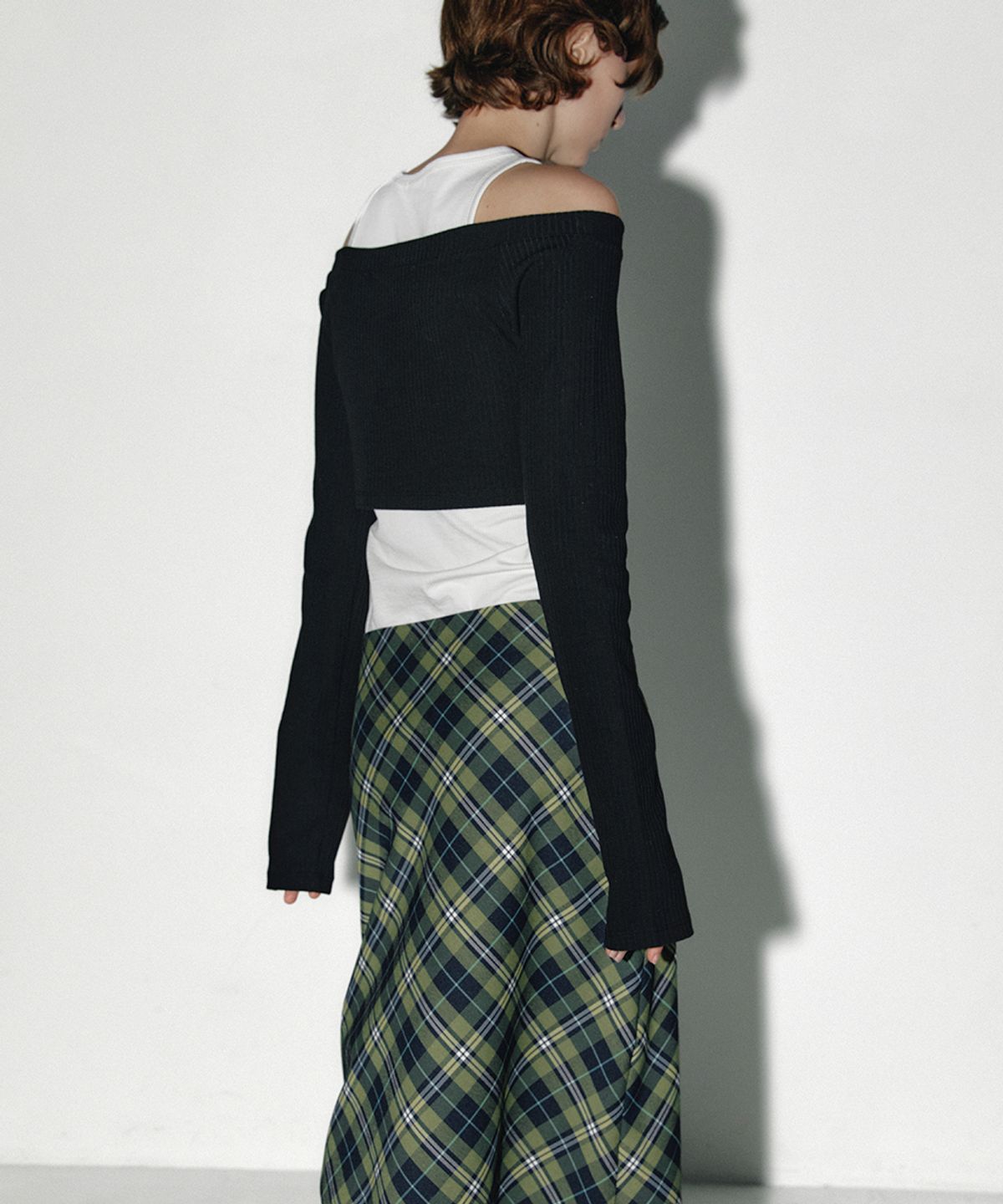 엔써이즈예스(ANSWER IS YES) Check midi flare skirt Green