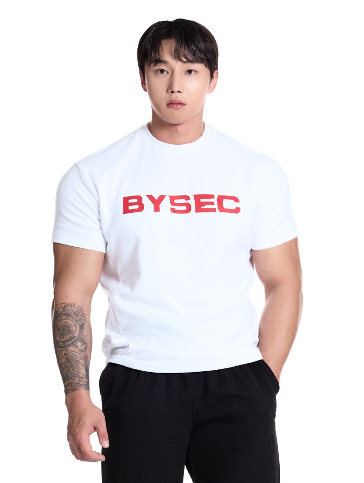 바이젝(BYSEC) [SET] 퍼펙트 특양면 레드로고 머슬핏 반팔 티셔츠_2Color