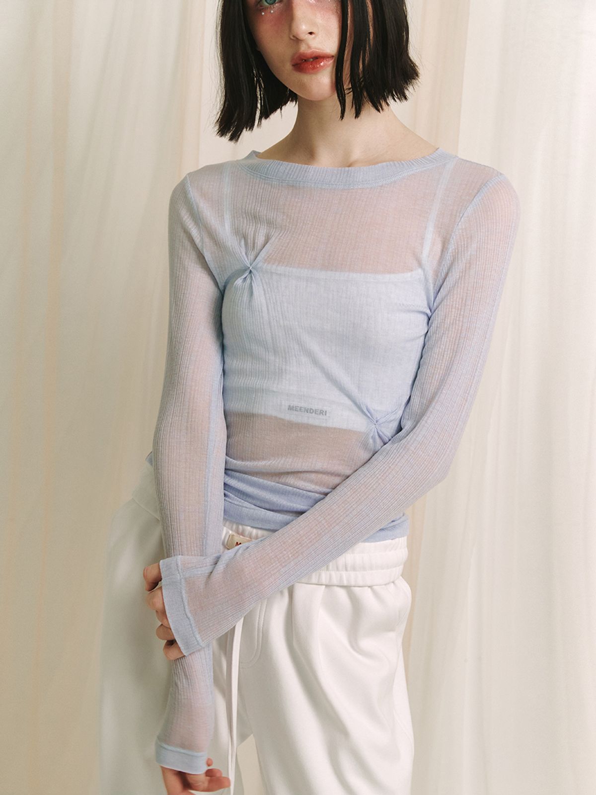 민더리(MEENDERI) PINCHED SEE-THROUGH TOP  - SKY BLUE