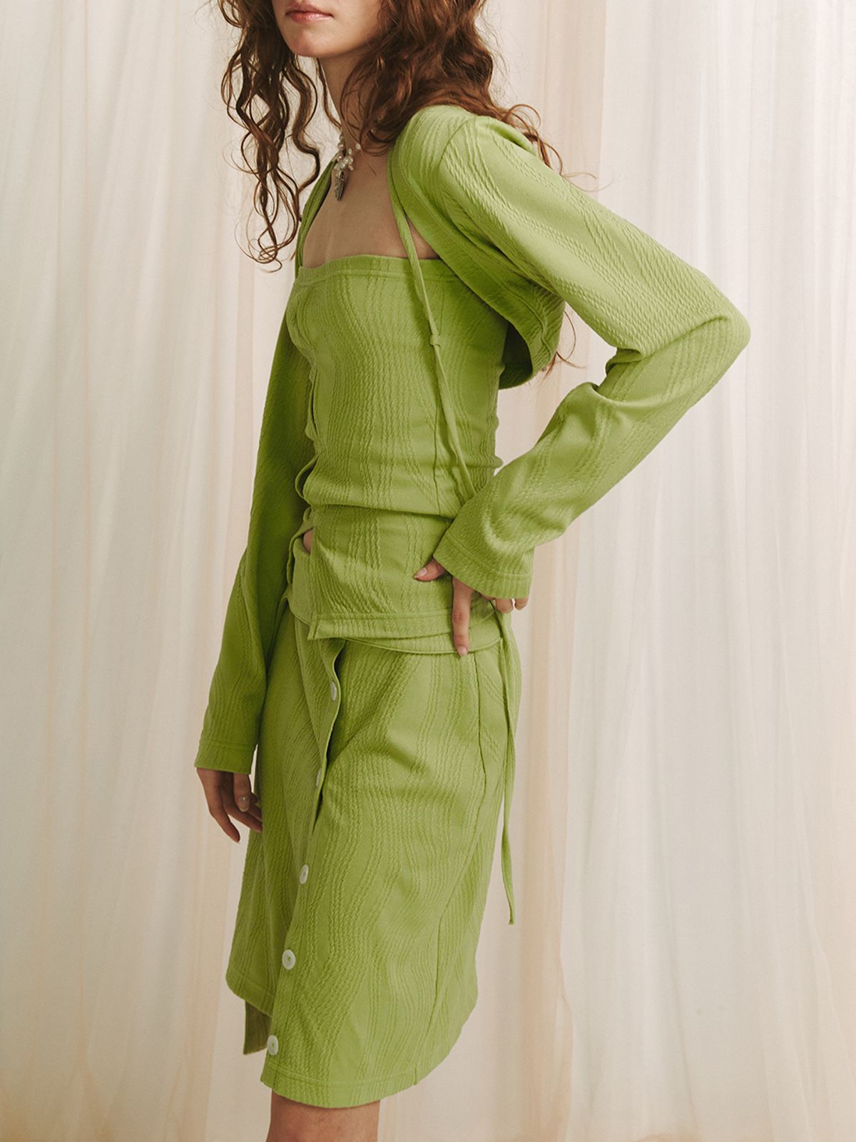 민더리(MEENDERI) JACQUARD BUTTON SKIRT - GREEN