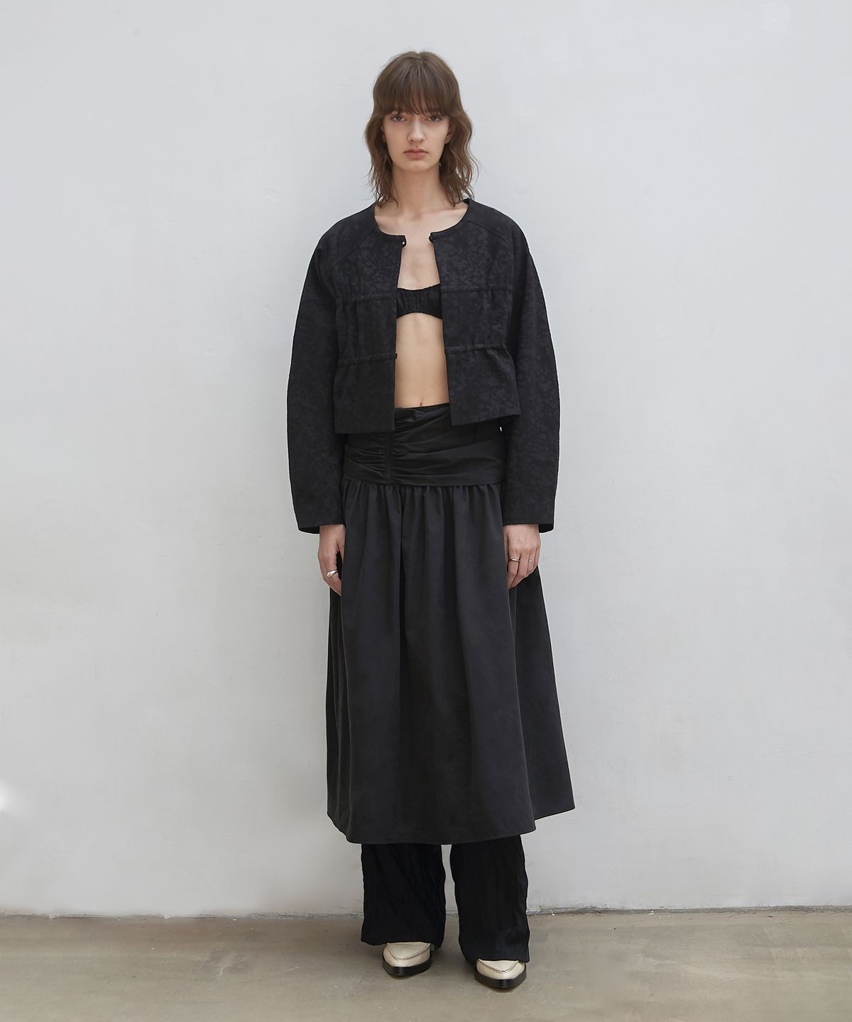 로우타이드(LOW TIDE) JACQUARD SHIRRING JACKET [BLACK]