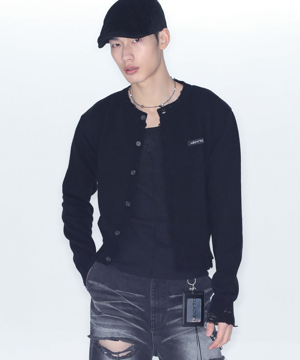 MUSINSA公式 | LECYTO Destroyed Round Wool Knit Cardigan_[Black]