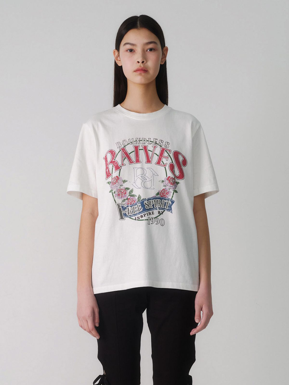 레이브(RAIVE) (묶음코드 등록) Vintage Rose Graphic T-shirt in White VW4SE027-01