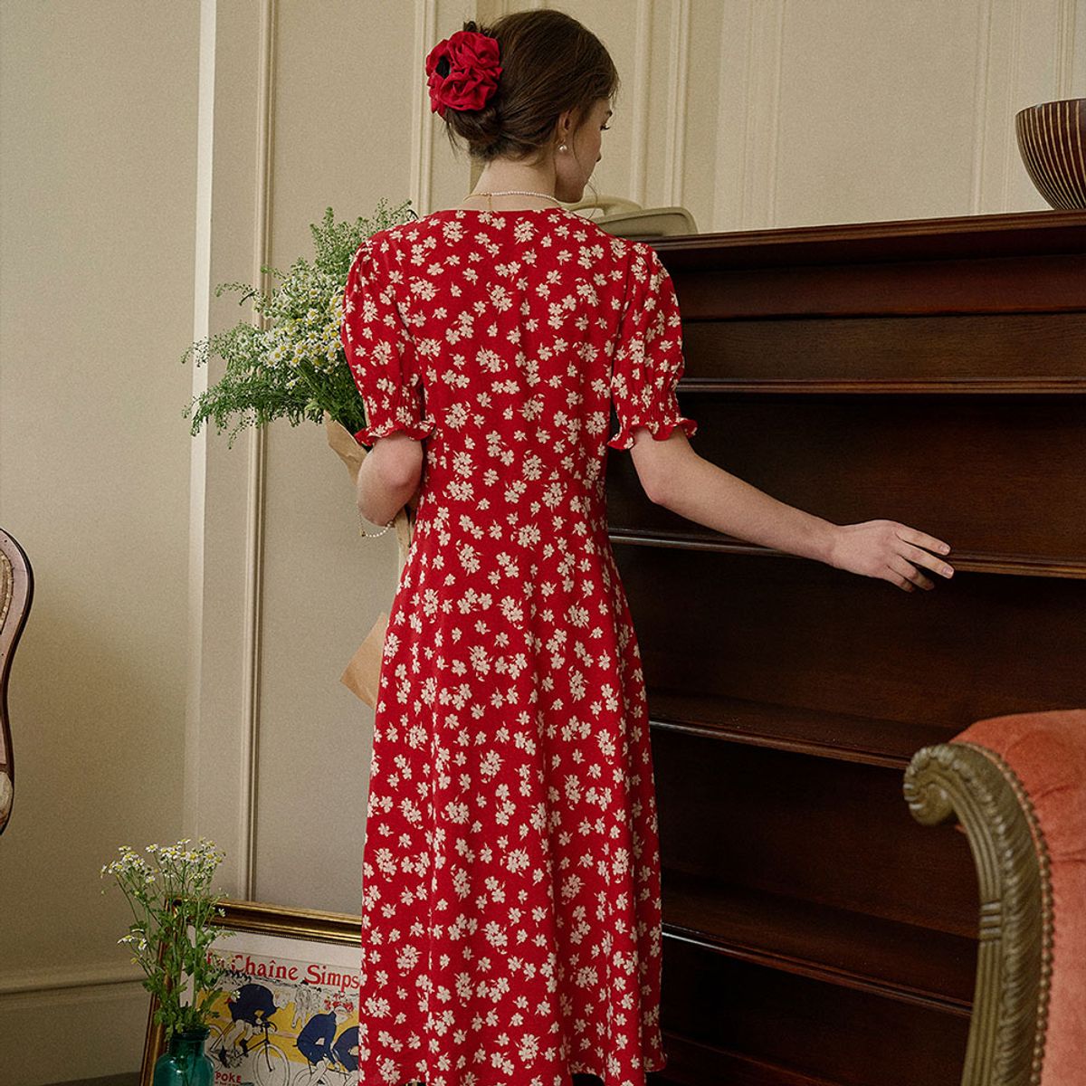 심플레트로(SIMPLE RETRO) SR_Red puff sleeve floral dress