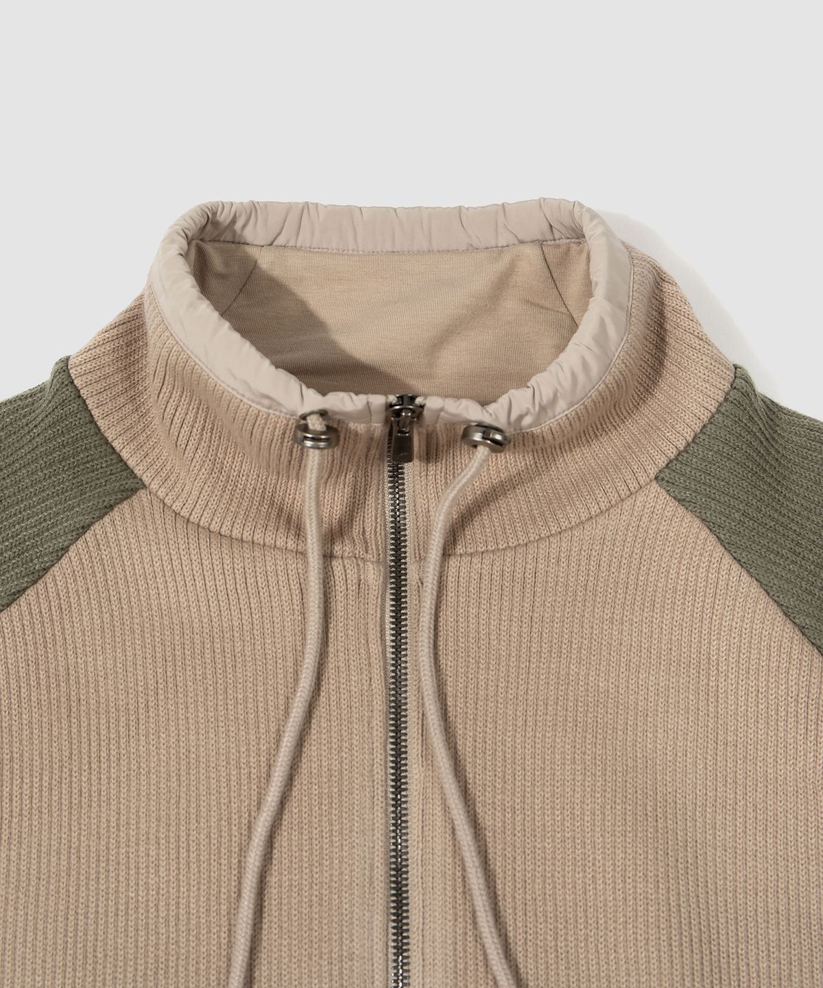 더가스펠오브(THEGOSPELOF) WOVEN BINDING KNIT ZIPUP / BEIGE OLIVE