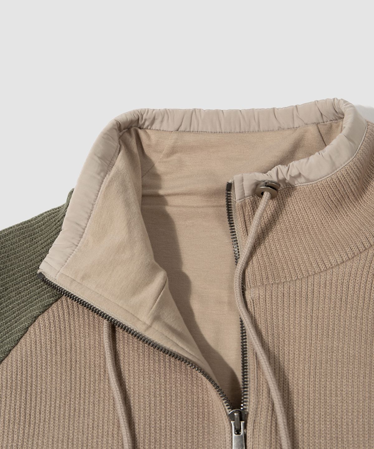 더가스펠오브(THEGOSPELOF) WOVEN BINDING KNIT ZIPUP / BEIGE OLIVE