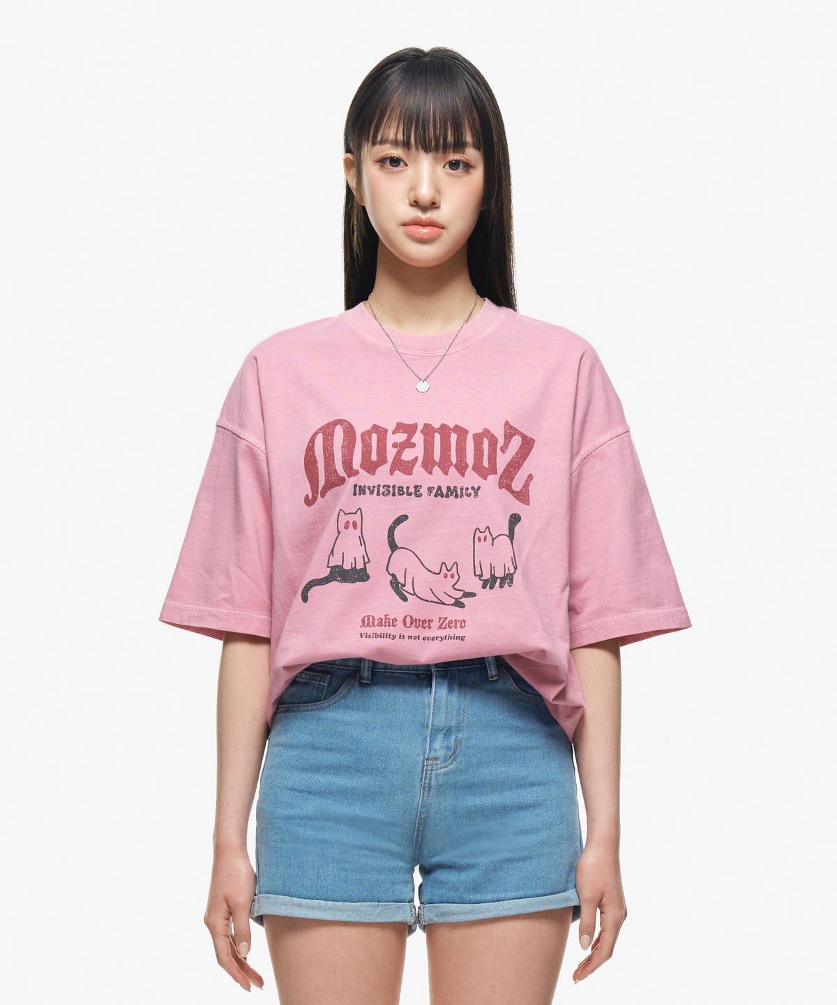 모즈모즈(MOZMOZ) 피그먼트 고스트캣 오버핏 반팔티셔츠 핑크