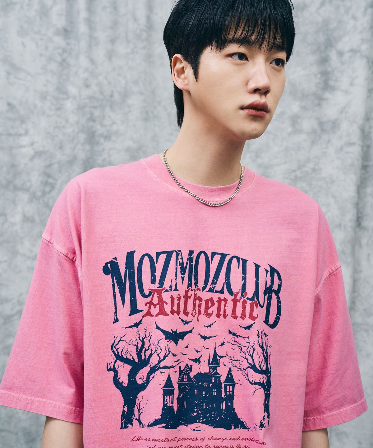 모즈모즈(MOZMOZ) 피그먼트 나잇메어 오버핏 반팔티셔츠 핑크
