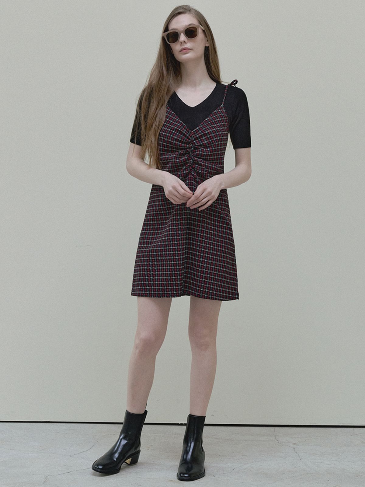 아방(AVANT-G) Pattern Shirring Mini Dress - red