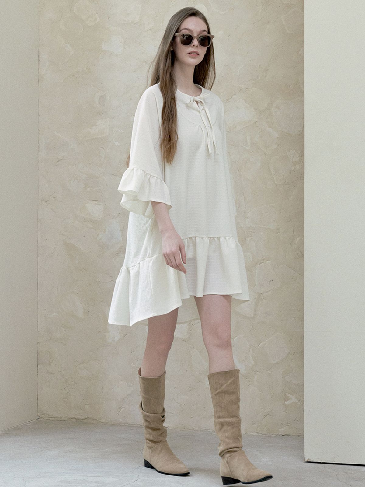 아방(AVANT-G) Ethnic Shirring Strap Dress - cream