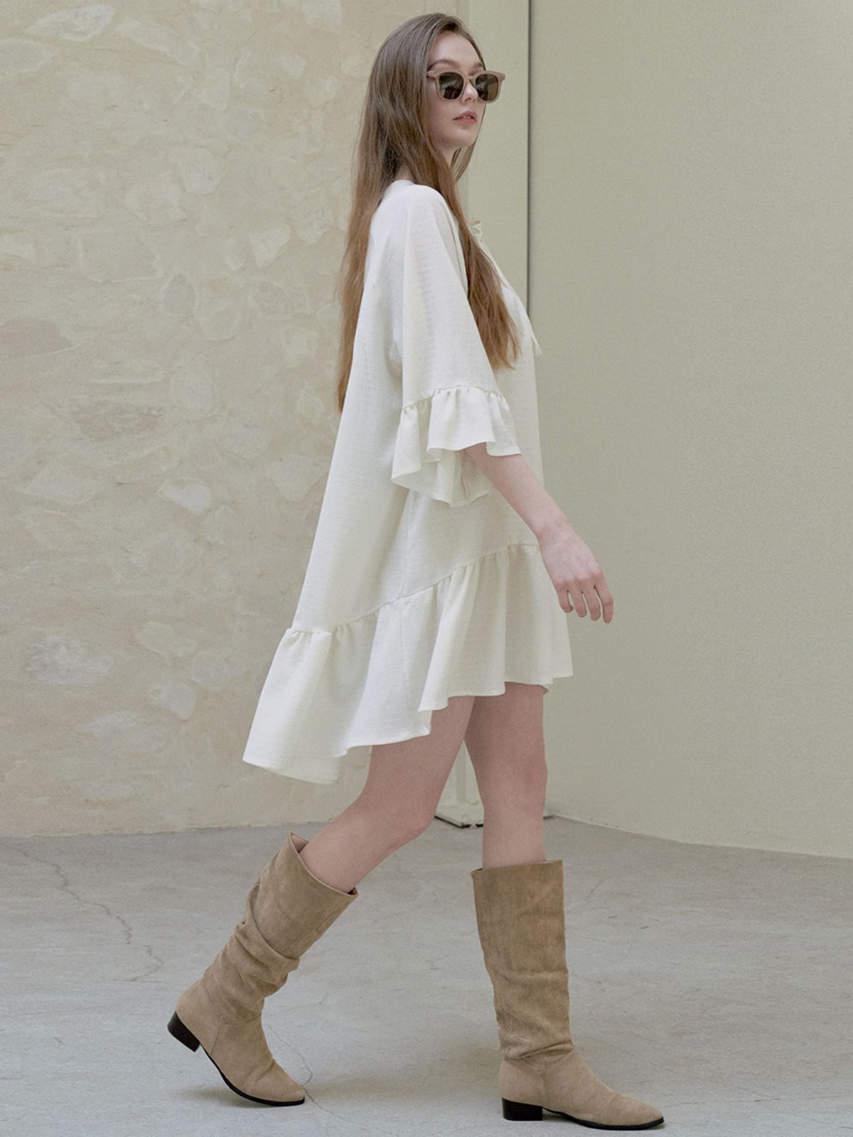 아방(AVANT-G) Ethnic Shirring Strap Dress - cream