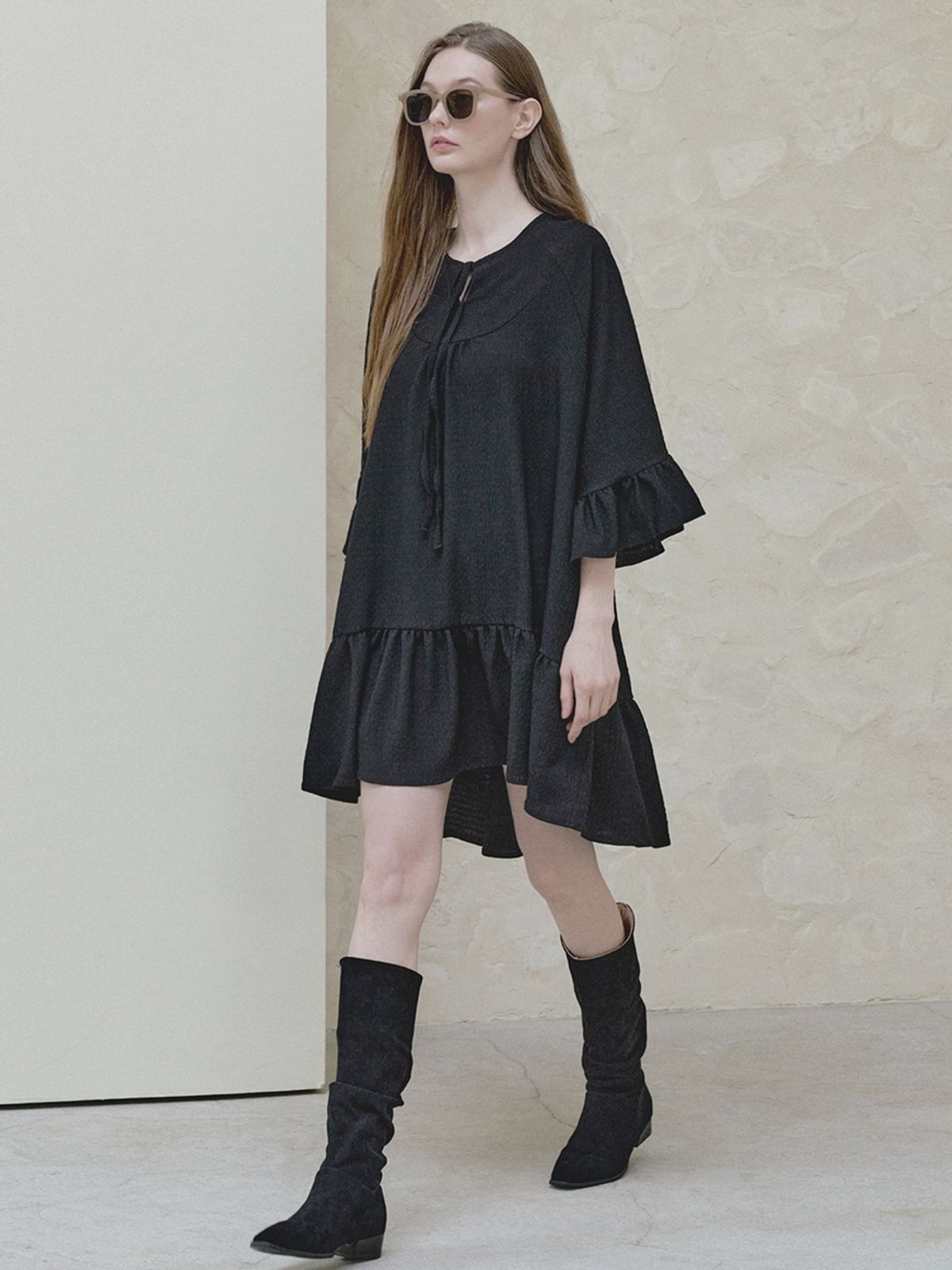 아방(AVANT-G) Ethnic Shirring Strap Dress - black