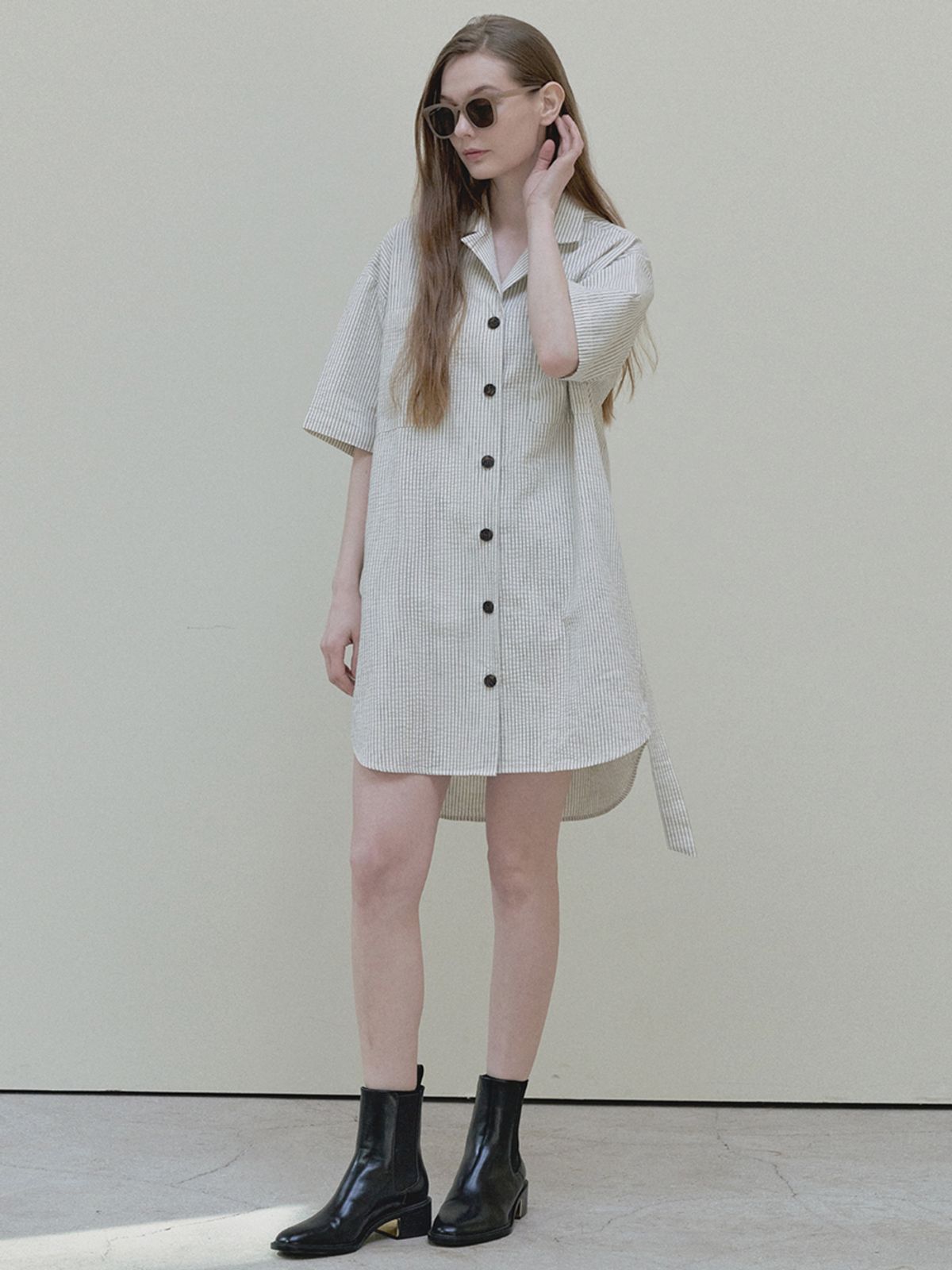 아방(AVANT-G) Stripe Boyfit Shirt Dress - cream
