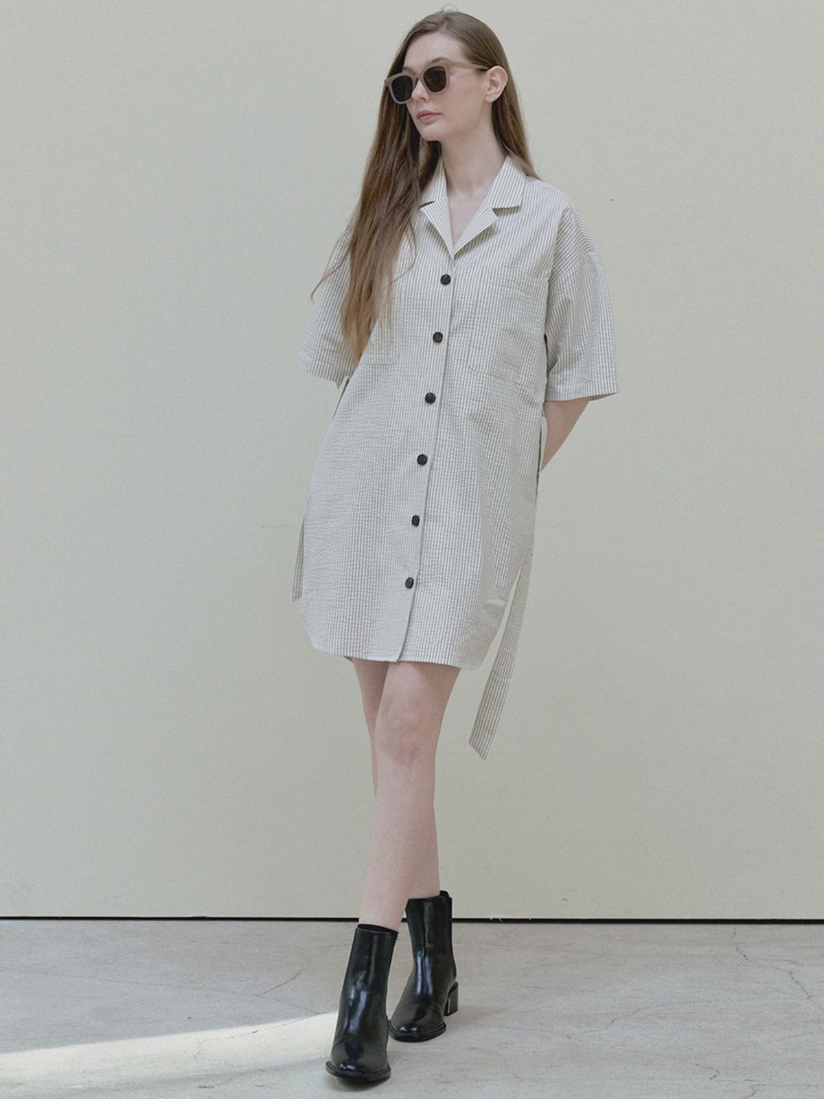 아방(AVANT-G) Stripe Boyfit Shirt Dress - cream