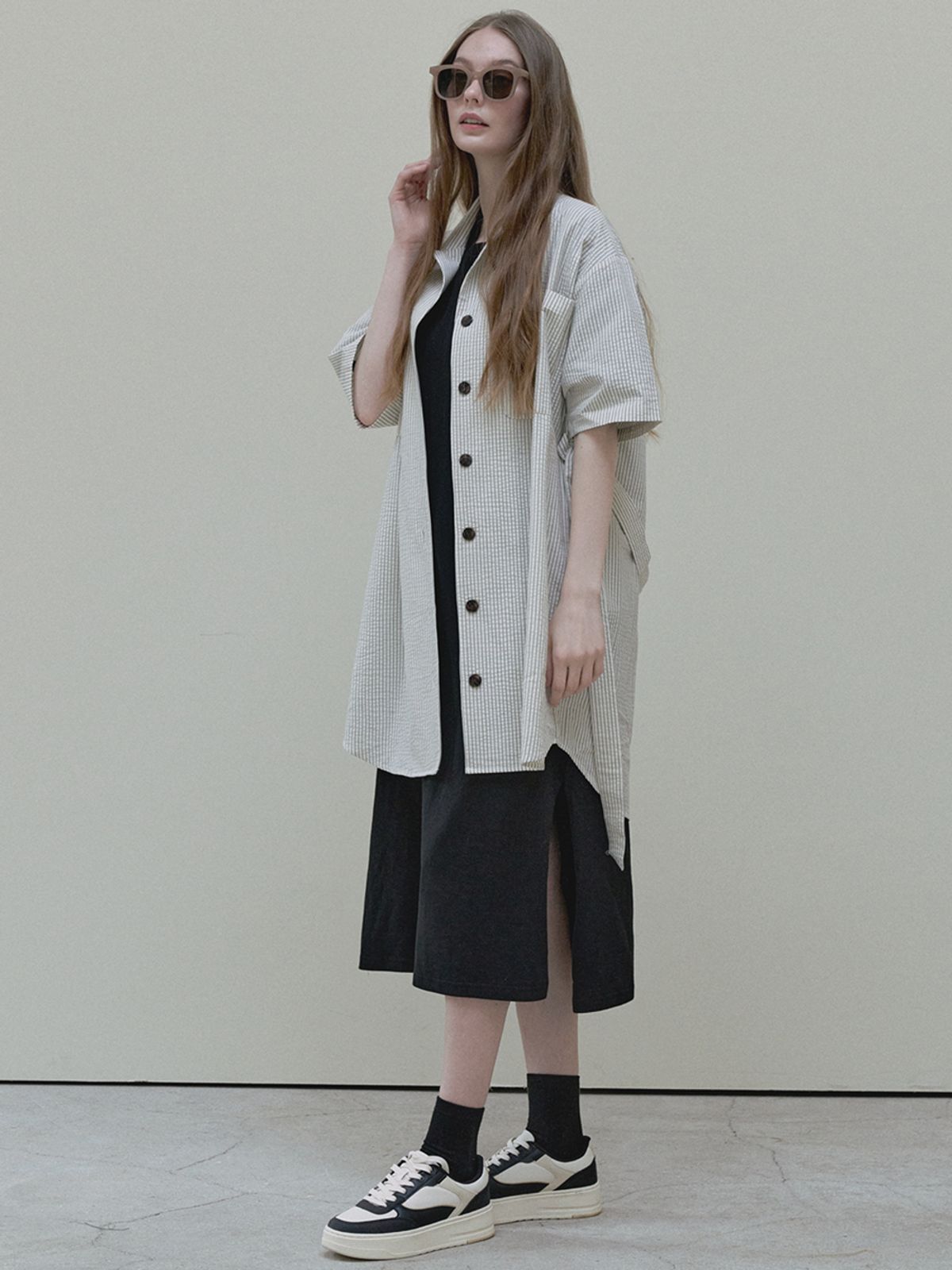 아방(AVANT-G) Stripe Boyfit Shirt Dress - cream