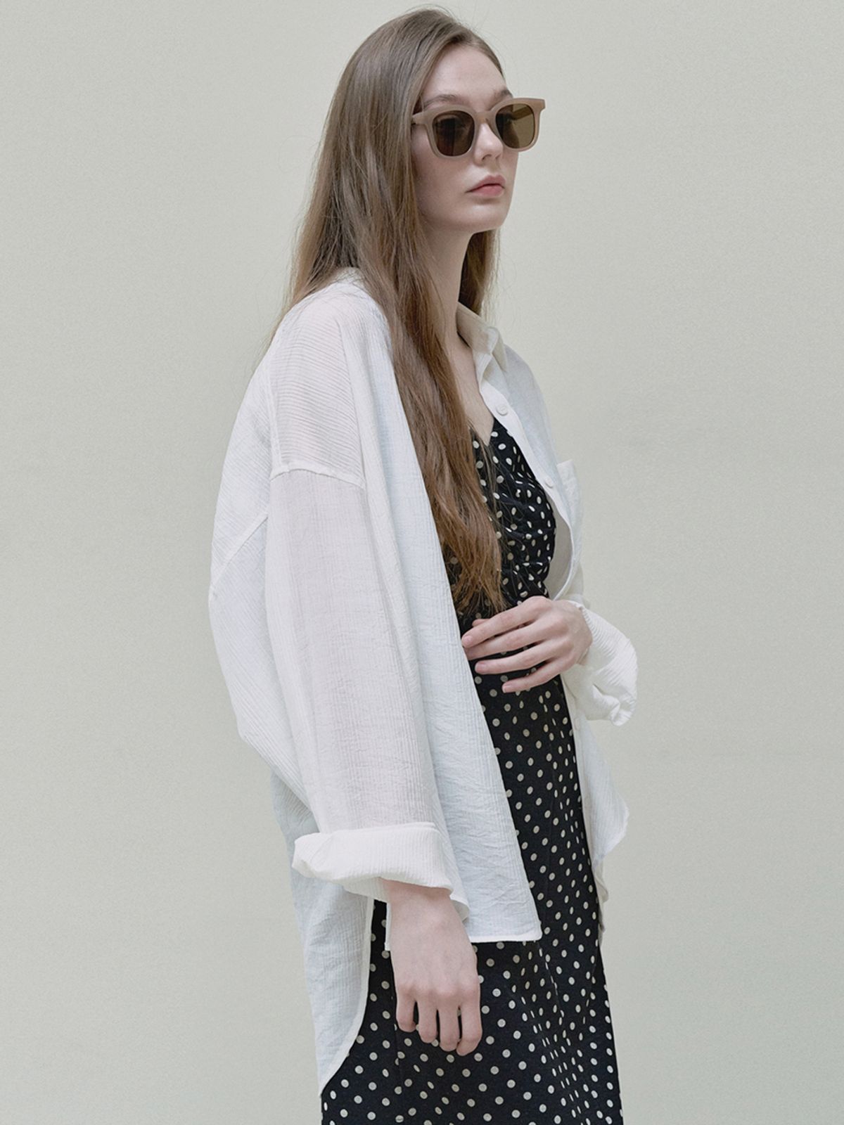 아방(AVANT-G) Dot Shirring Long Dress - black