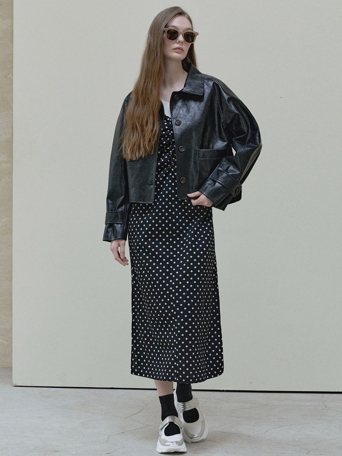 아방(AVANT-G) Dot Shirring Long Dress - black
