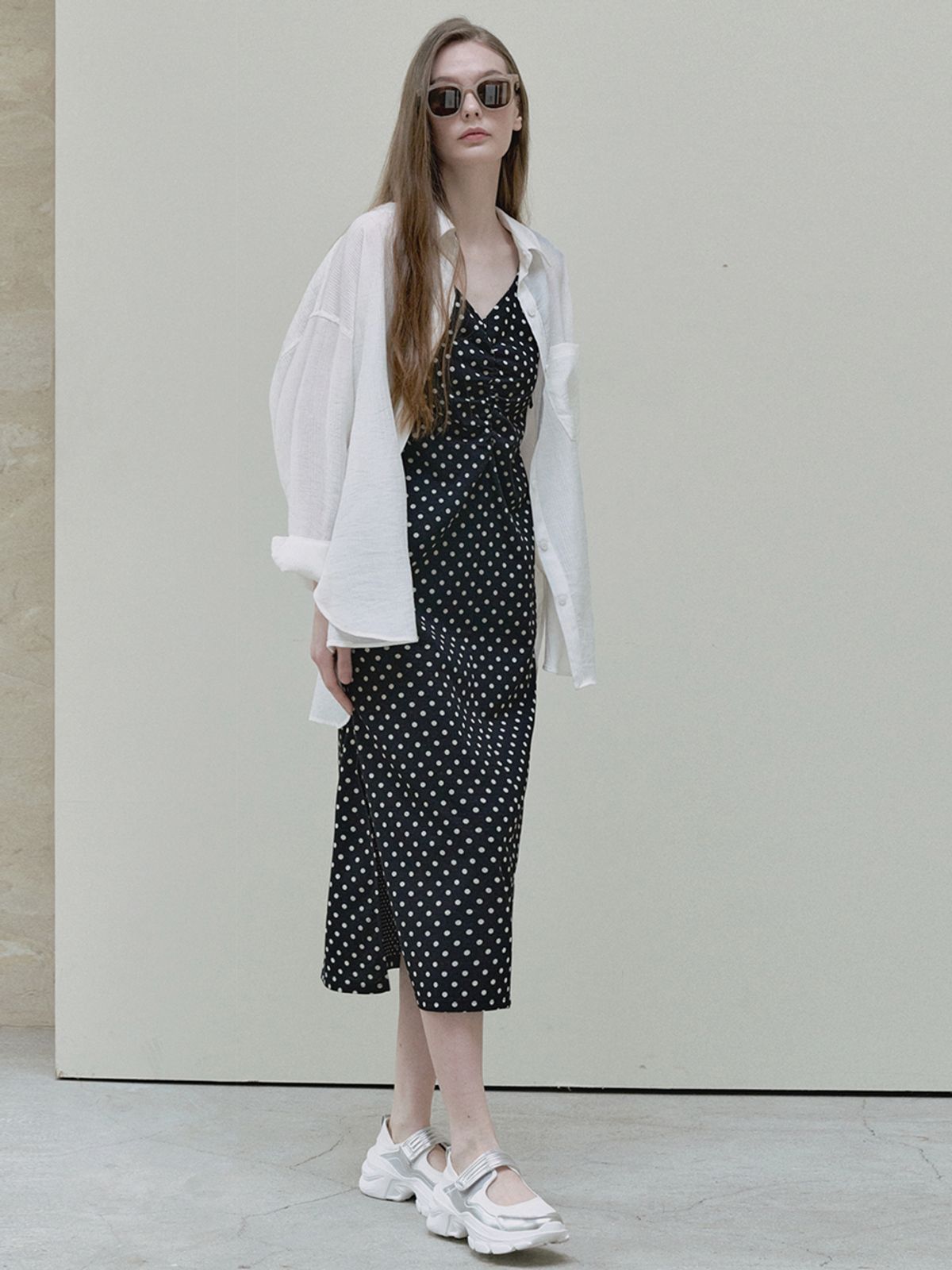 아방(AVANT-G) Dot Shirring Long Dress - black