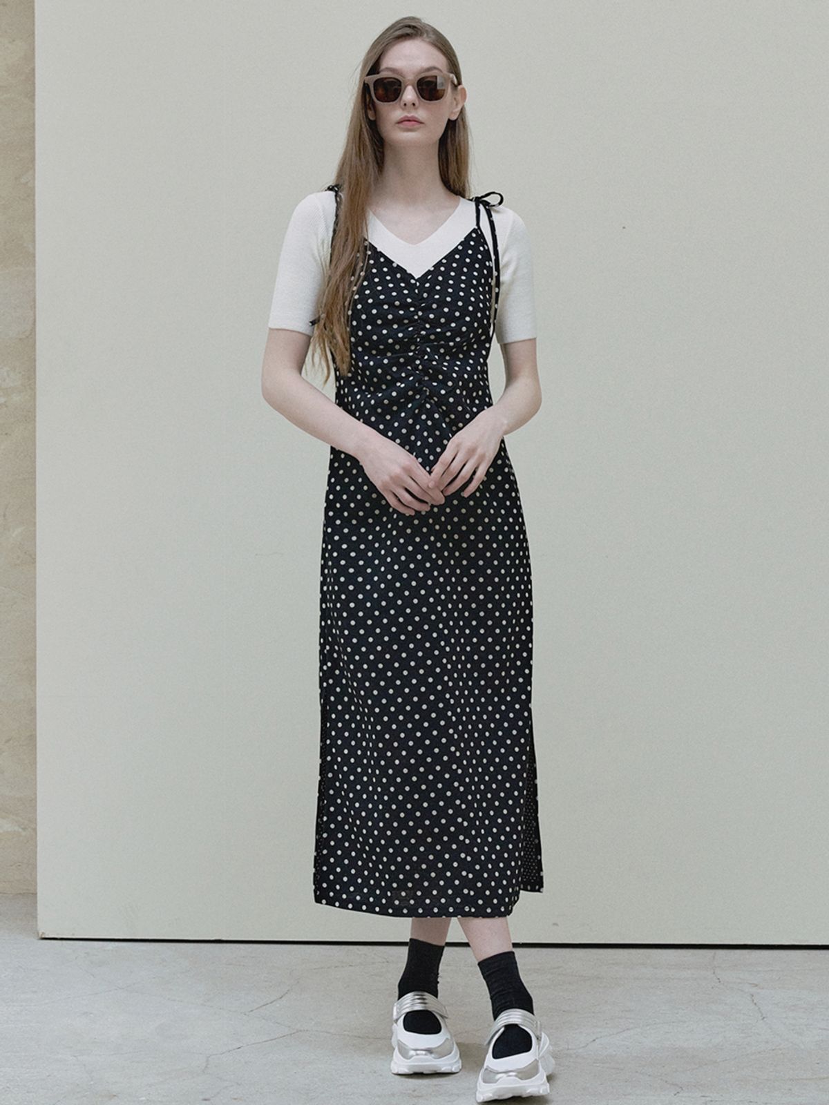 아방(AVANT-G) Dot Shirring Long Dress - black