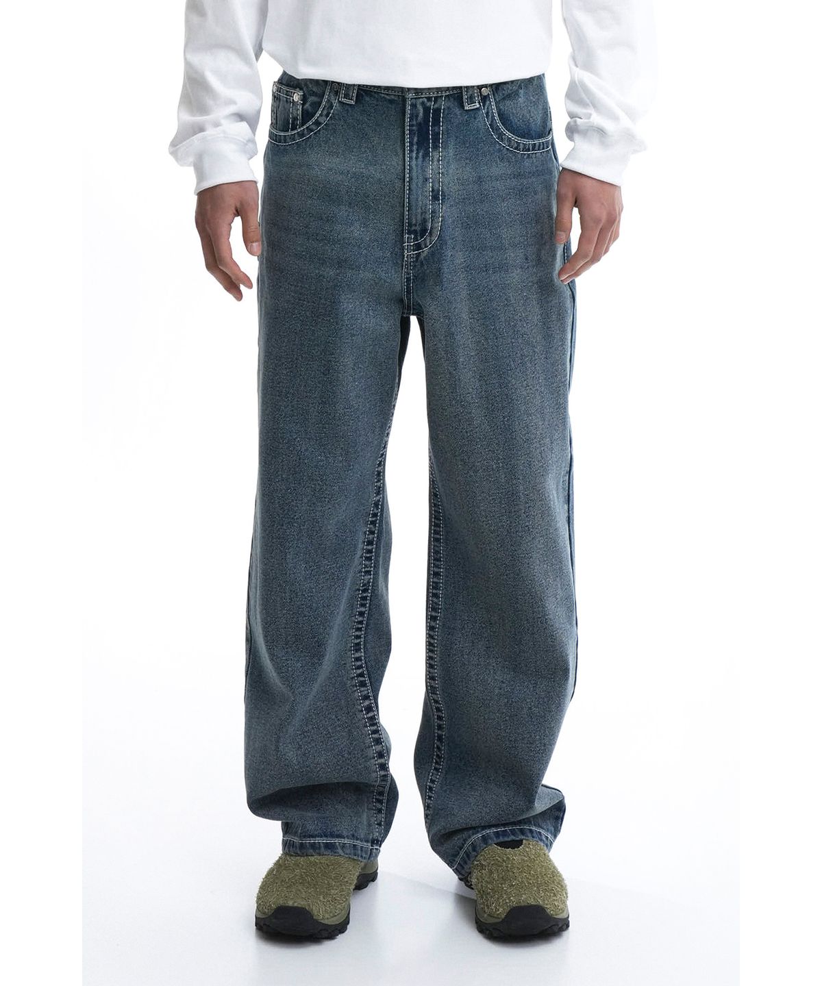 오픈야드(오와이)(OPENYARD(OY)) BACK STITCH WASHED JEANS-BLUE