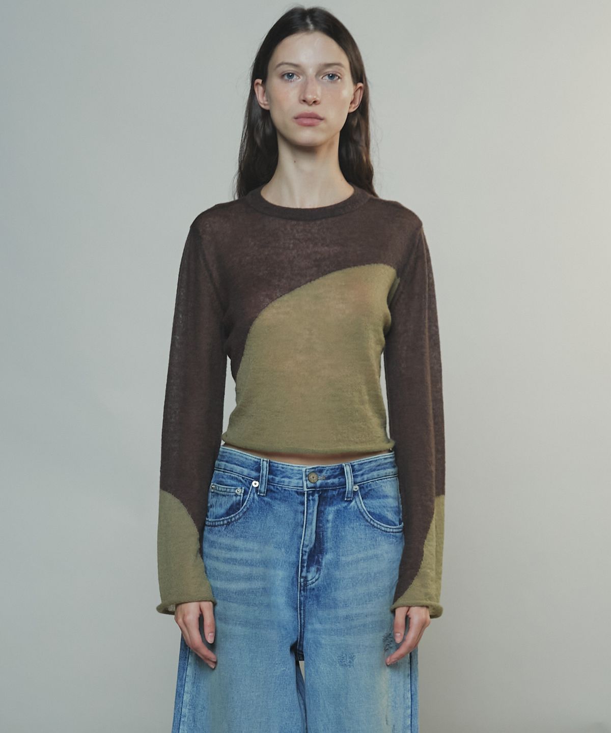 엔오르(EN OR) TWO TONE DRAWSTRING CROP TOP - BROWN