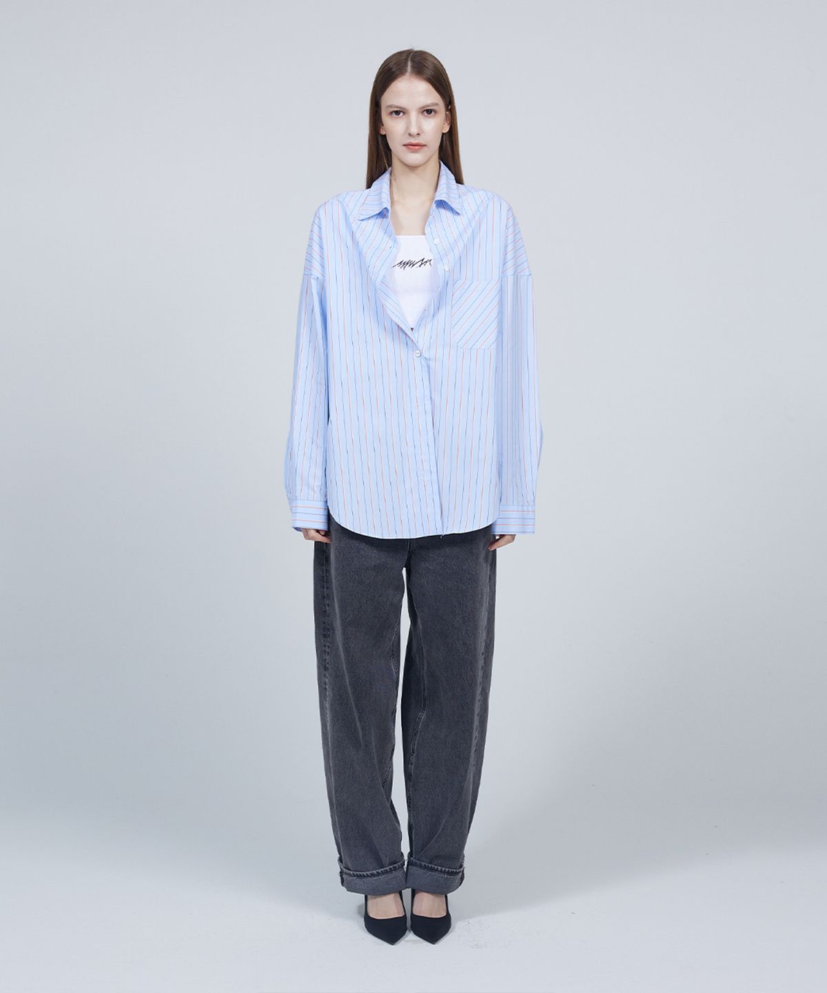 므아므(MMAM) [ESSENTIAL] Stripe pocket pin tuck over-fit shirt