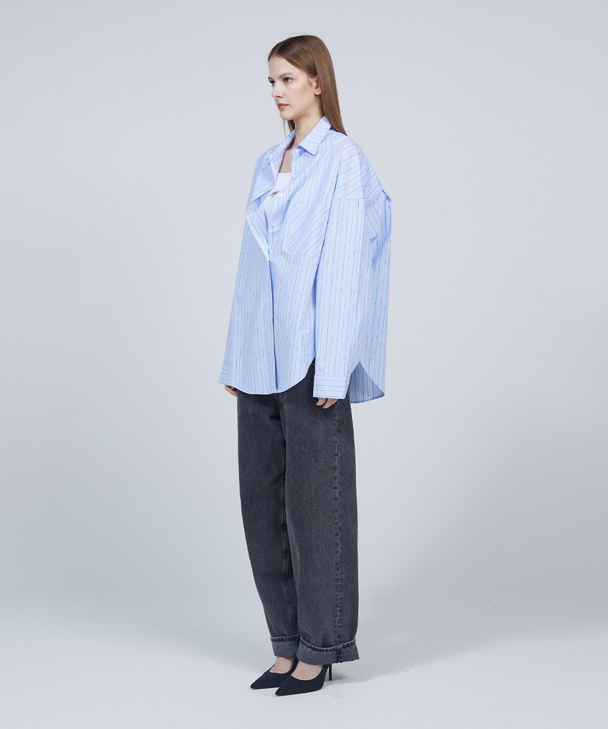 므아므(MMAM) [ESSENTIAL] Stripe pocket pin tuck over-fit shirt