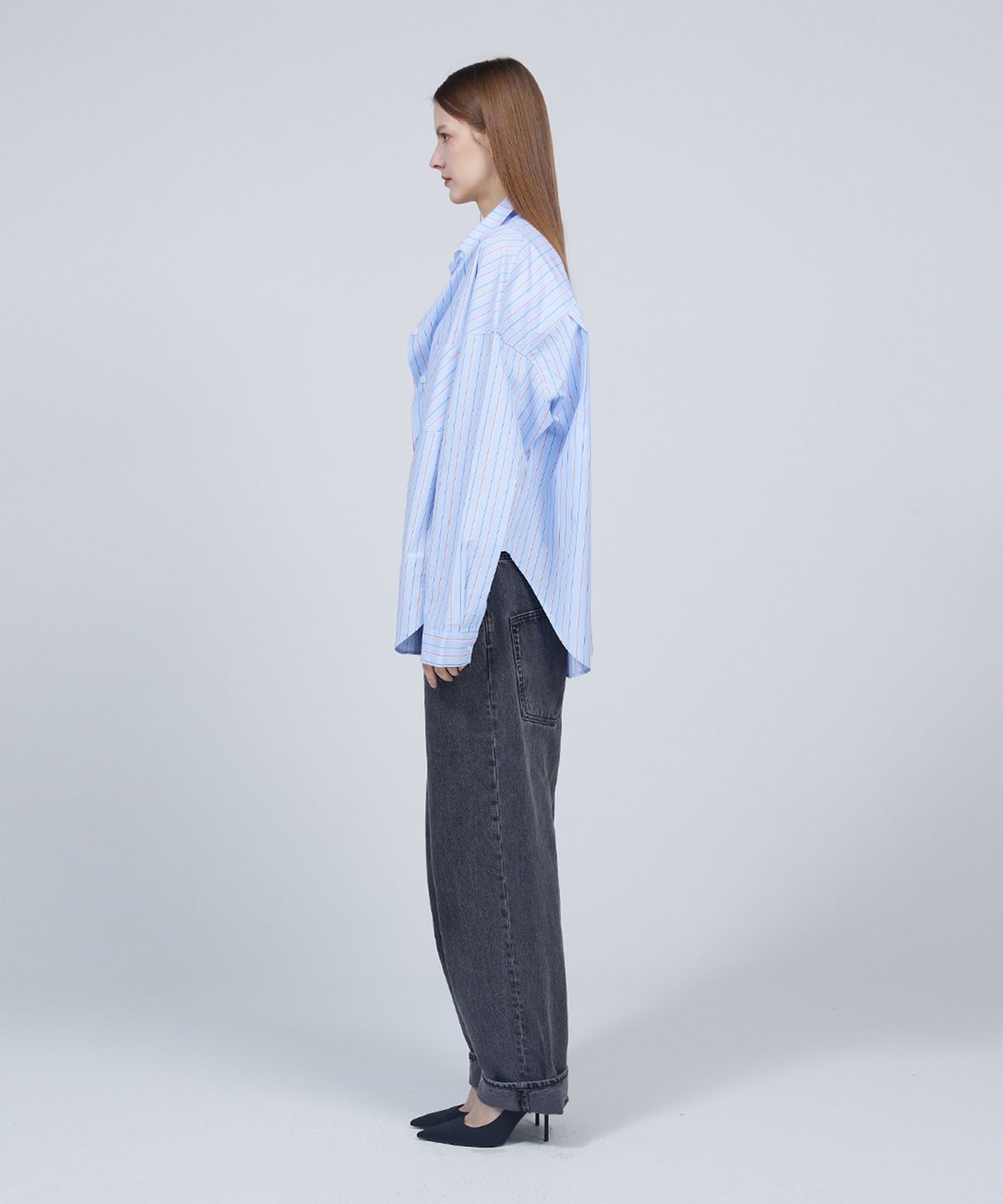 므아므(MMAM) [ESSENTIAL] Stripe pocket pin tuck over-fit shirt