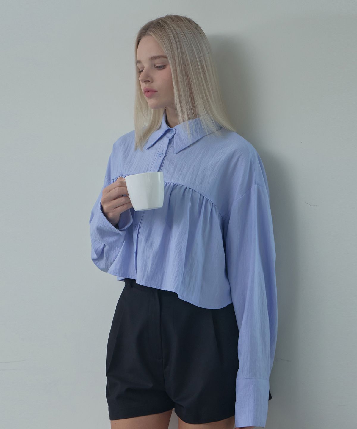 무아르모아(MOIREMOA) Shirring Layered Blouse-Blue